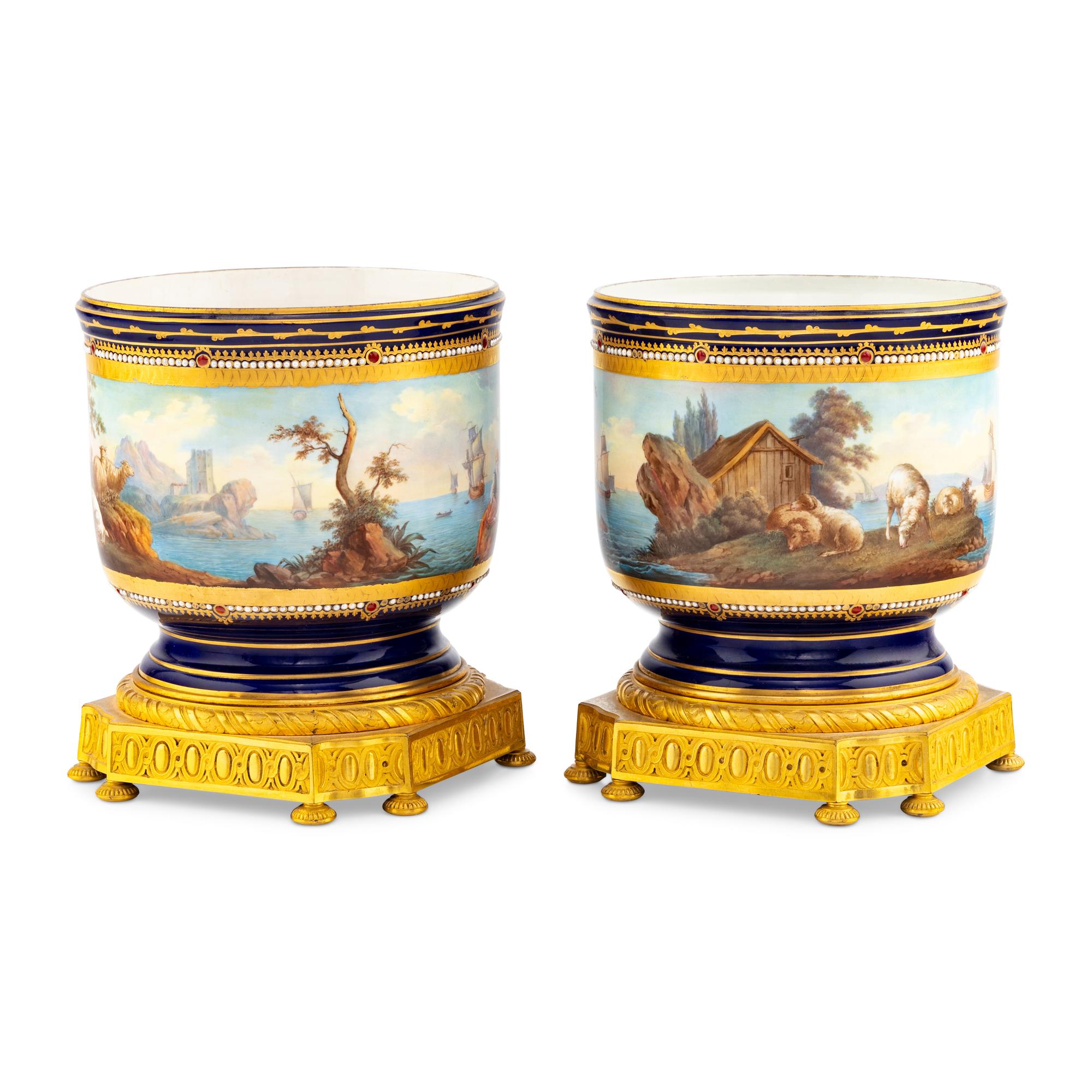 A Pair of Sèvres Style Gilt Bronze Mounted Porcelain Cache Pots