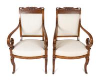 A Pair of Louis Philippe Style Burl Walnut Swan-Crested Fauteuils — 20TH CENTURY