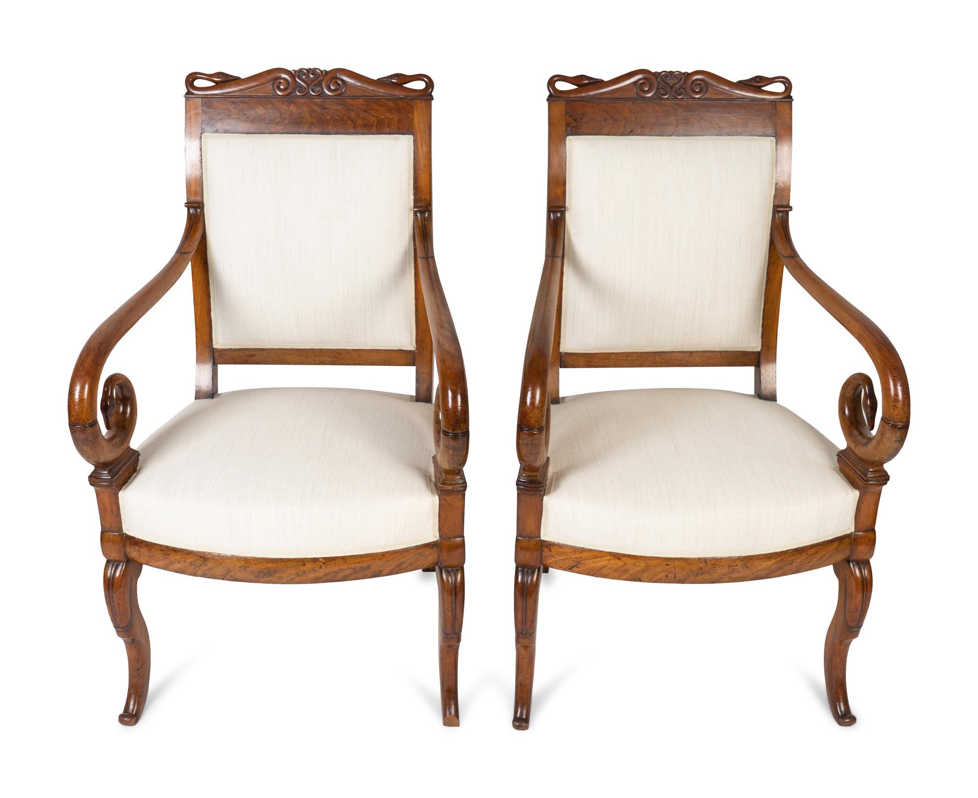 A Pair of Louis Philippe Style Burl Walnut Swan-Crested Fauteuils — 20TH CENTURY