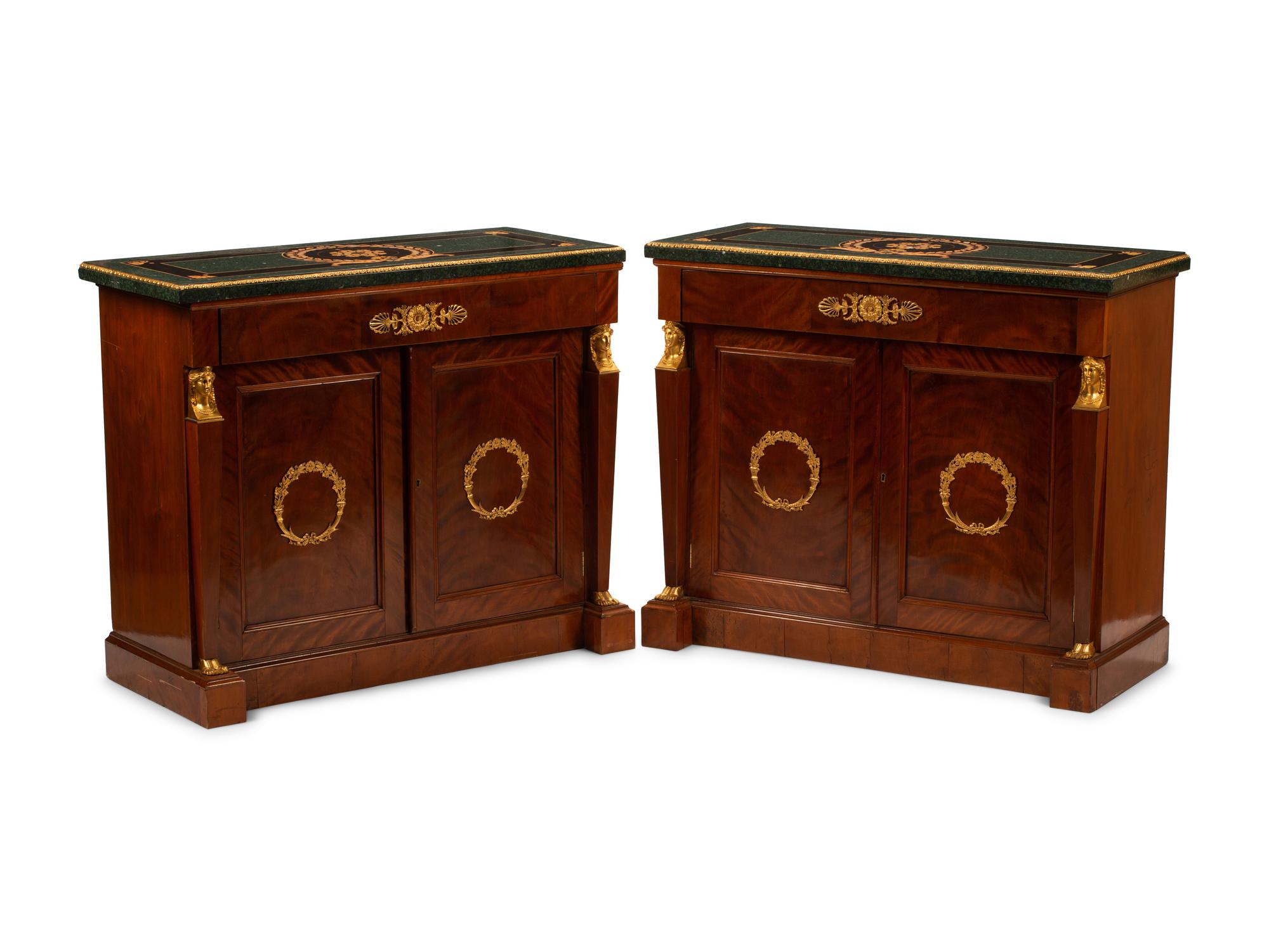 A Pair of Empire Style Gilt Bronze Mounted Cabinets with Specimen Marble Tops
