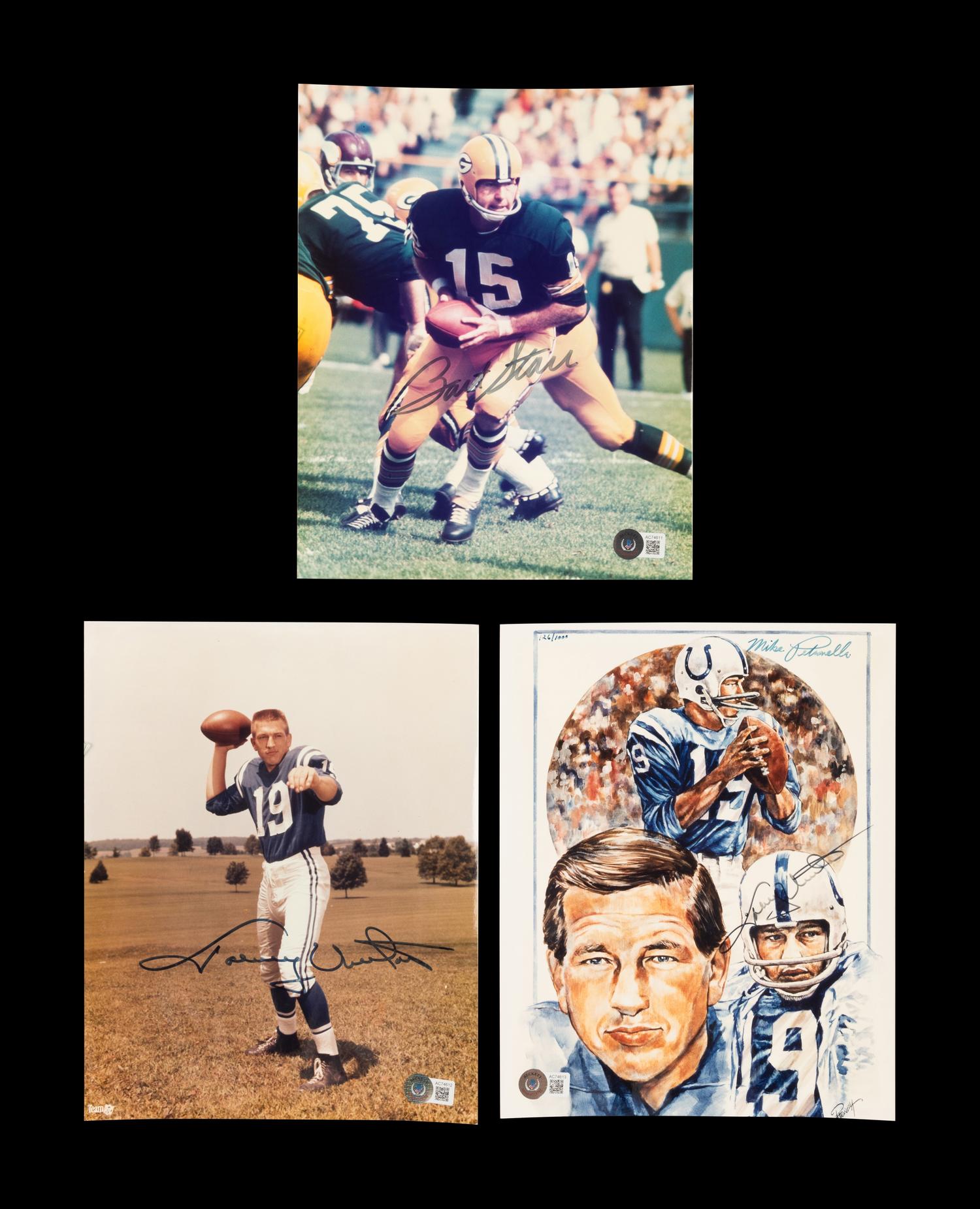 A Group of Johnny Unitas and Bart Starr Signed Autograph Photographs (Beckett Authentication Services Letters),