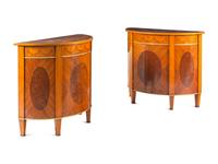 A Pair of George III Gilt Bronze Mounted Tulipwood, Burr Yew and Satinwood Marquetry Demilune Cabinets