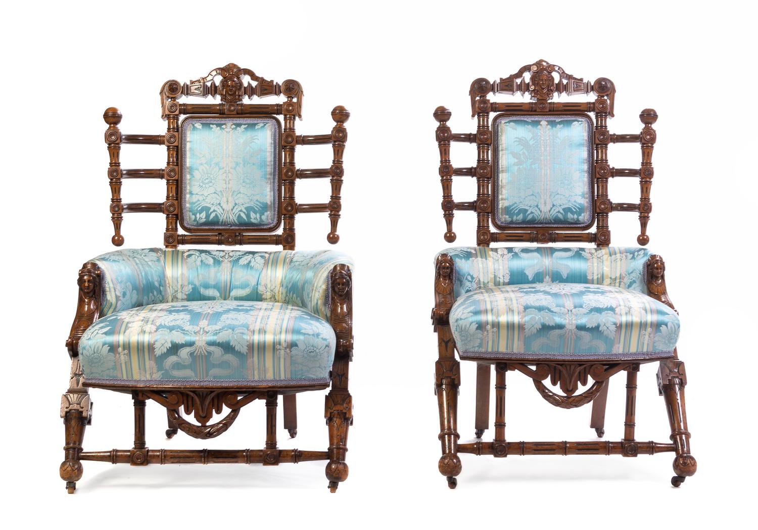 A Pair of Renaissance Revival Walnut Side Chairs Height 40 1/2 inches. — GEORGE HUNZINGER, NEW YORK, DESIGN PATENTED 1868