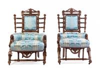 A Pair of Renaissance Revival Walnut Side Chairs Height 40 1/2 inches. — GEORGE HUNZINGER, NEW YORK, DESIGN PATENTED 1868