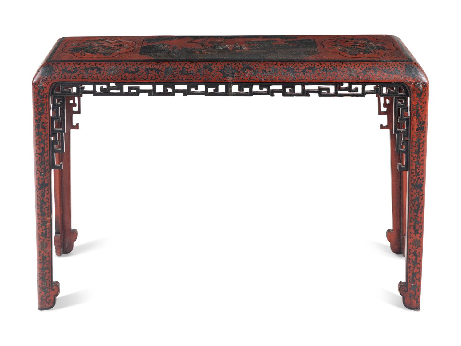 A Chinese Red Ground Polychrome Lacquered Side Table, Tiaozhuo