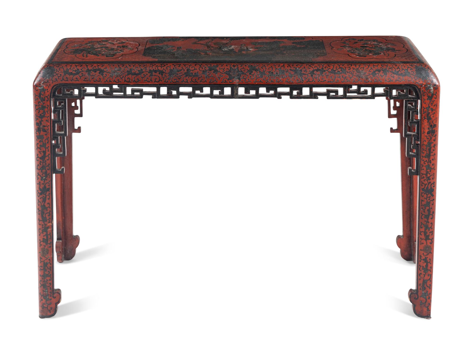 A Chinese Red Ground Polychrome Lacquered Side Table, Tiaozhuo