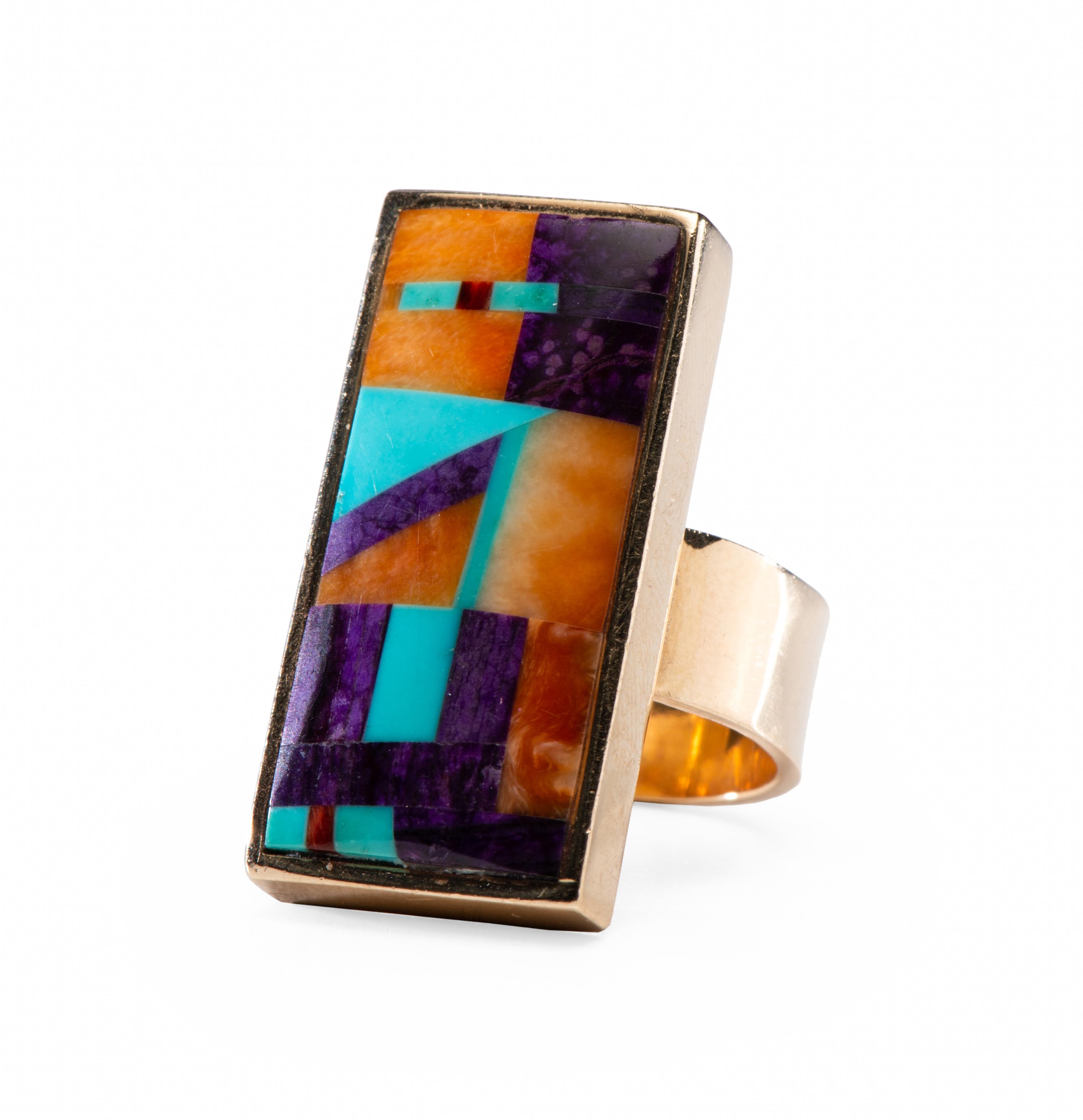 14k Gold Ring, with Coral, Turquoise, Sugilite, and Spiny Oyster Mosaic Inlay Lot is located and will ship from Denver, Colorado.