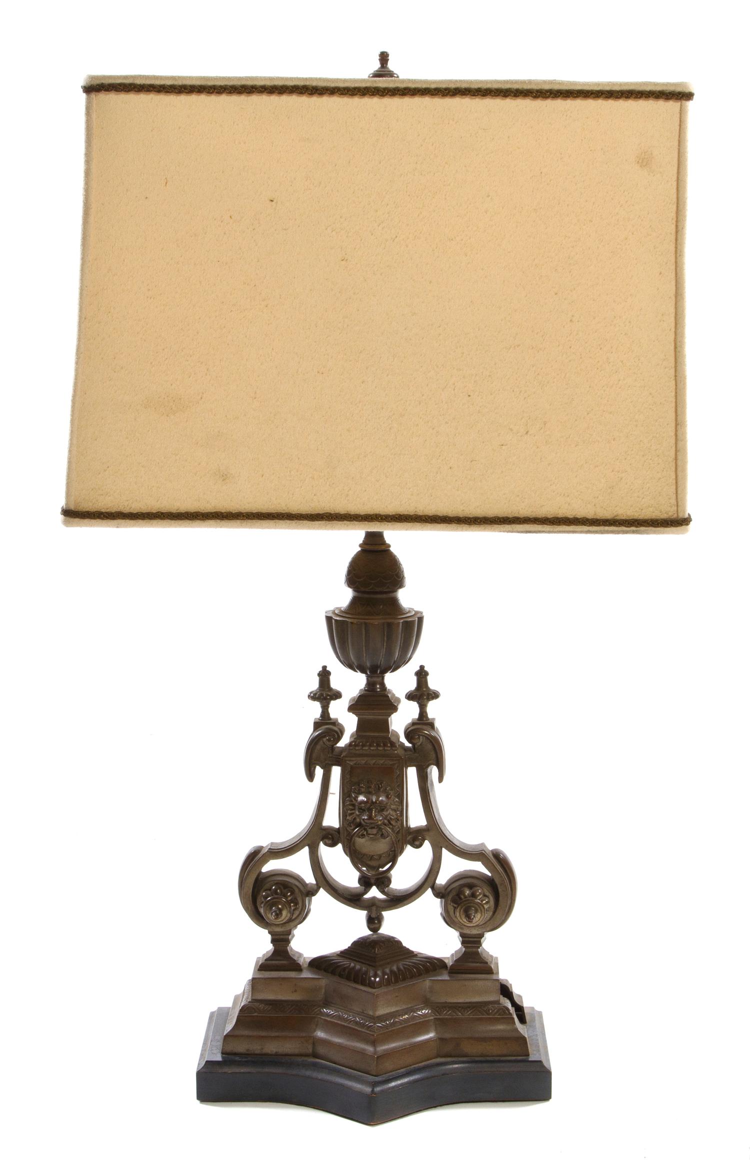 A Neoclassical Style Bronze or Cast Metal Lamp Height overall 31 inches.