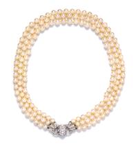 An Vintage White Gold, Diamond and Cultured Pearl Triple Strand Necklace, French, 40.90 dwts.