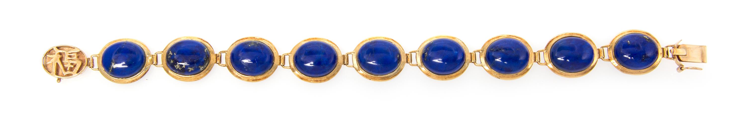 A 14 Karat Yellow Gold and Lapis Lazuli Bracelet, 12.70 dwts.