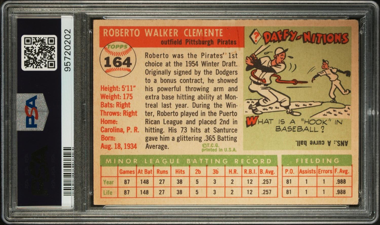 A 1955 Topps Roberto Clemente Rookie Baseball Card No. 164 (PSA 1.5)