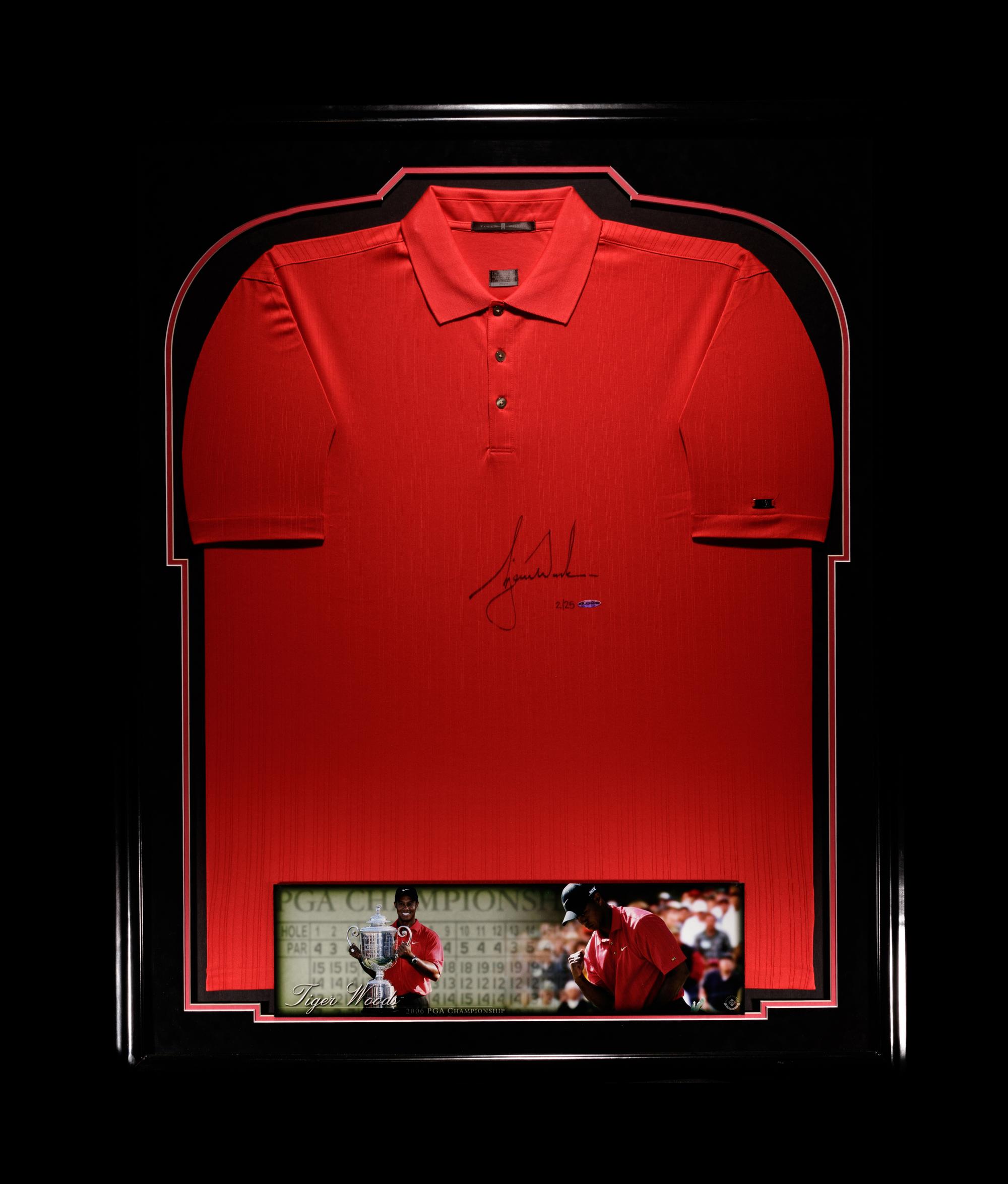 A Tiger Woods Signed 2006 PGA Championship Tiger Red Shirt Limited Edition Display, Upper Deck Authenticated,