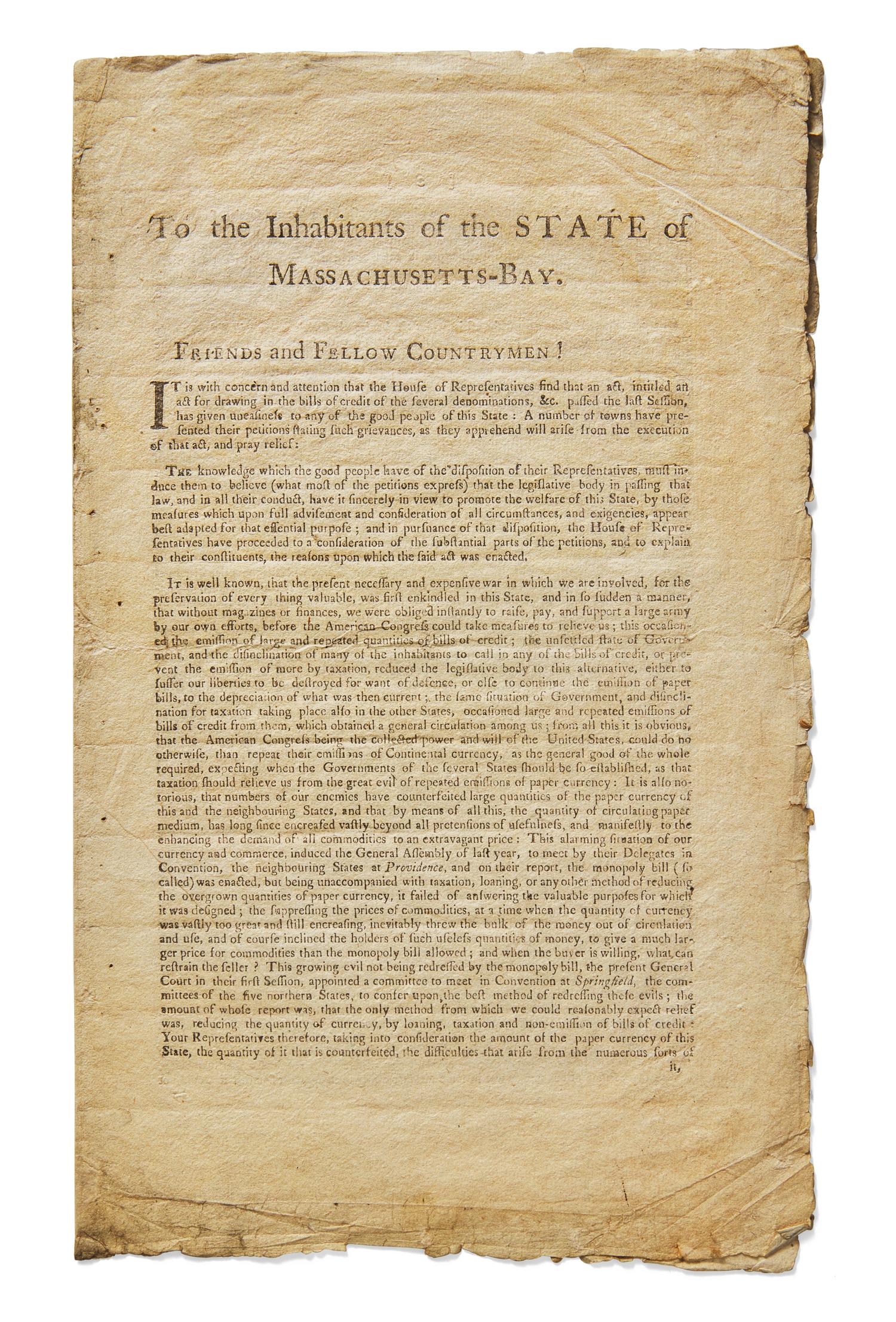 [American Revolution] (Gill, John). To the Inhabitants of the STATE of Massachusetts-Bay