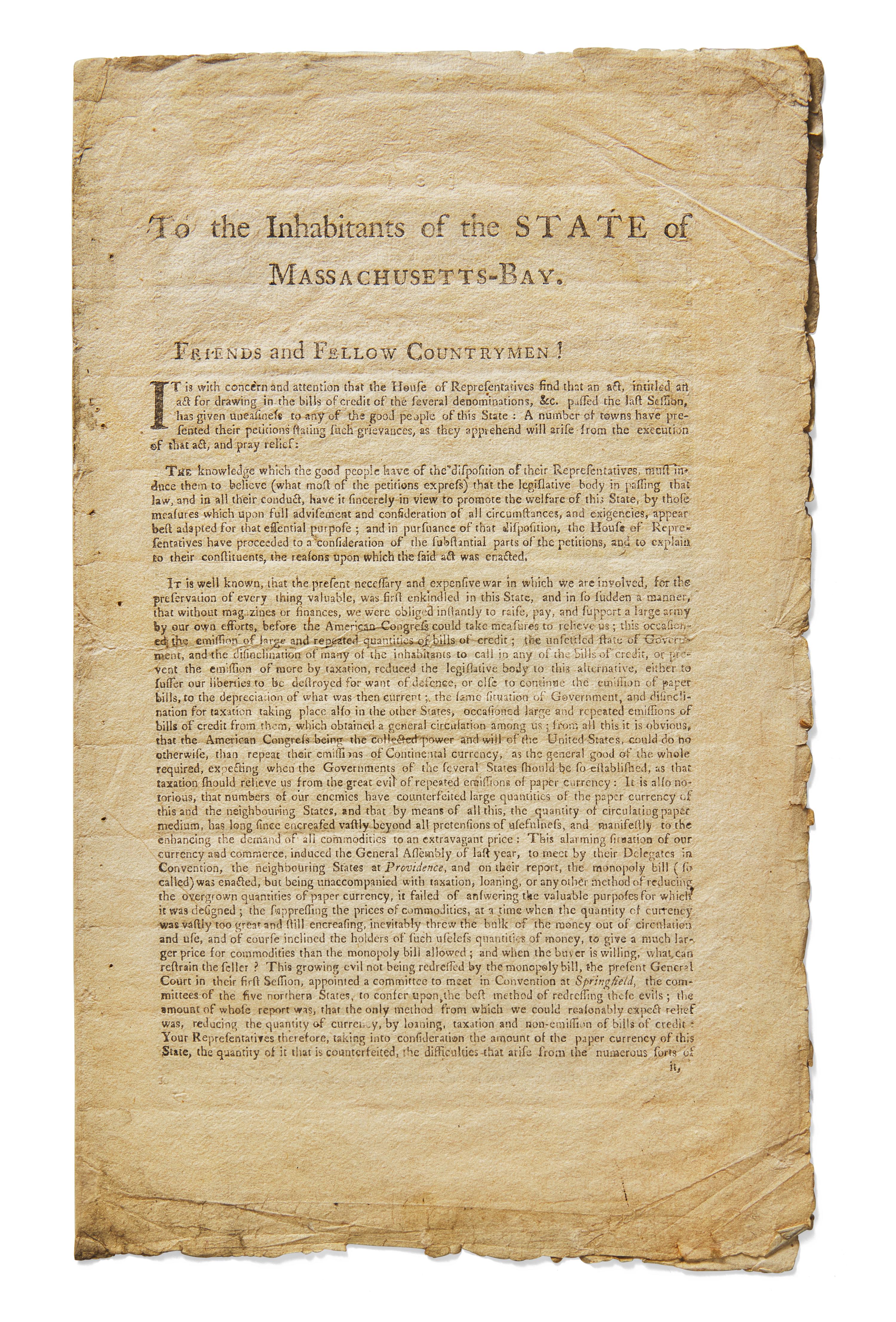 [American Revolution] (Gill, John). To the Inhabitants of the STATE of Massachusetts-Bay