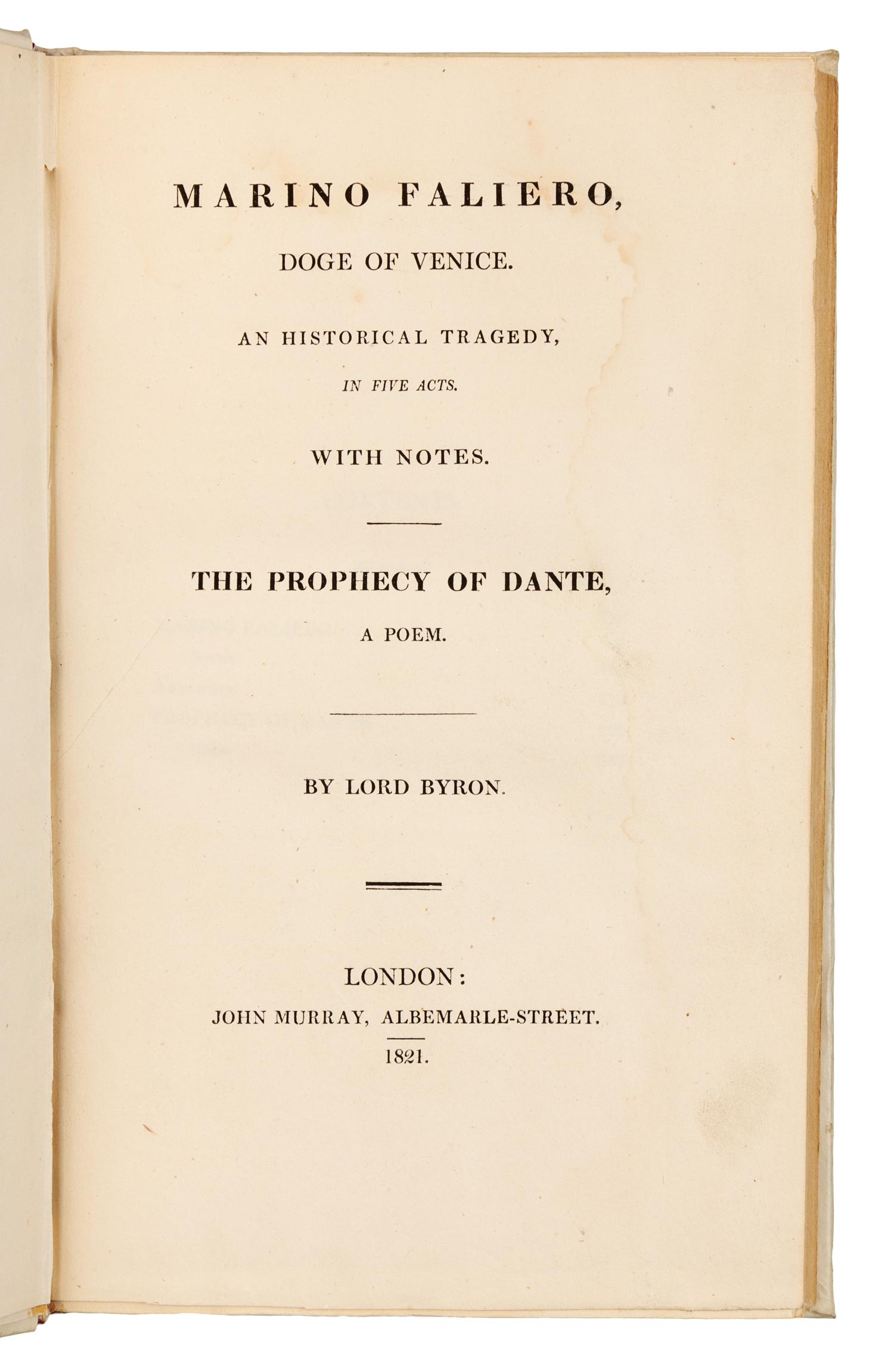 BYRON, George Gordon Noel, Lord (1788-1824). Marino Faliero, Doge of Venice. London: John Murray, 1821.
