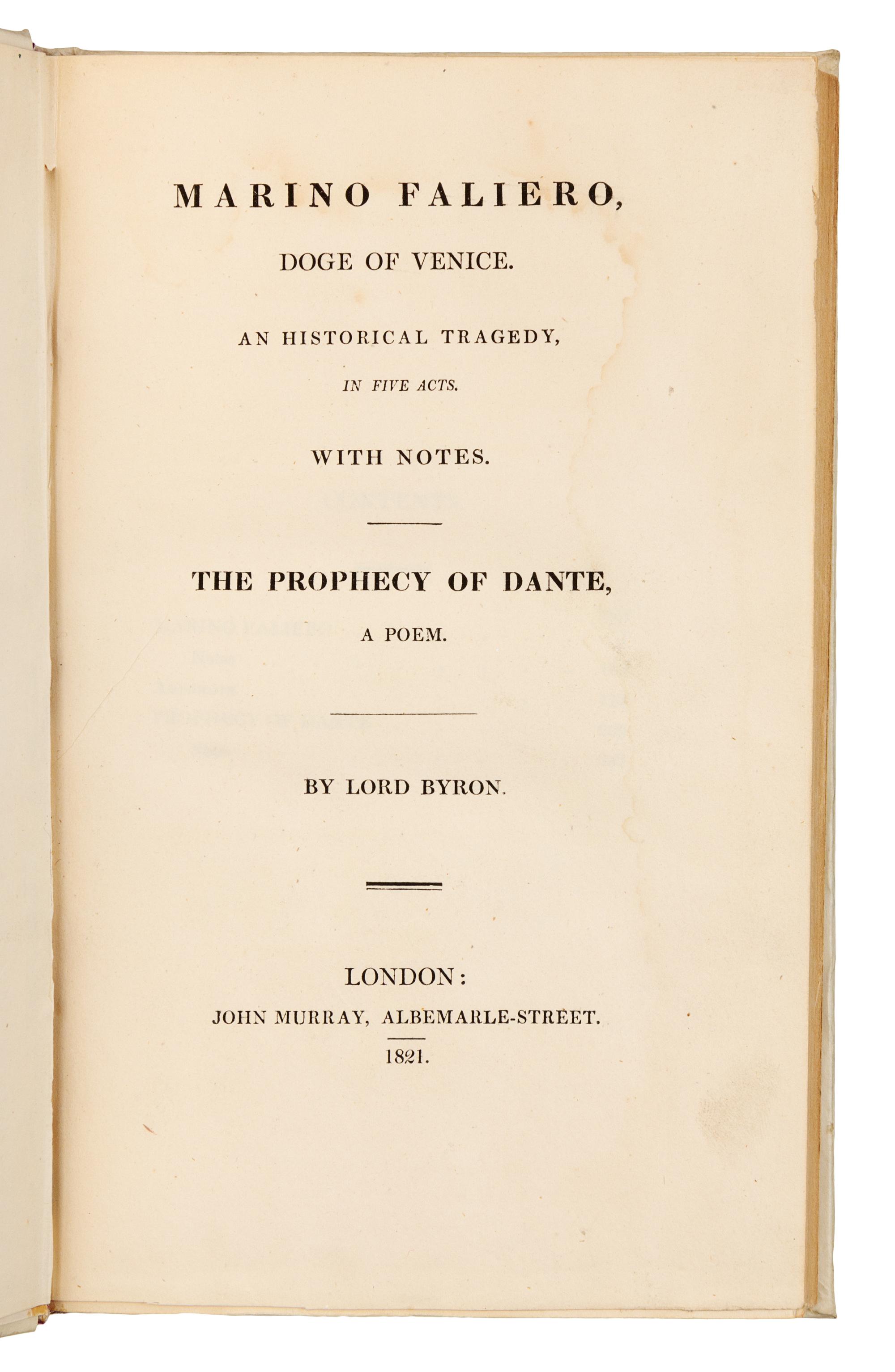 BYRON, George Gordon Noel, Lord (1788-1824). Marino Faliero, Doge of Venice. London: John Murray, 1821.