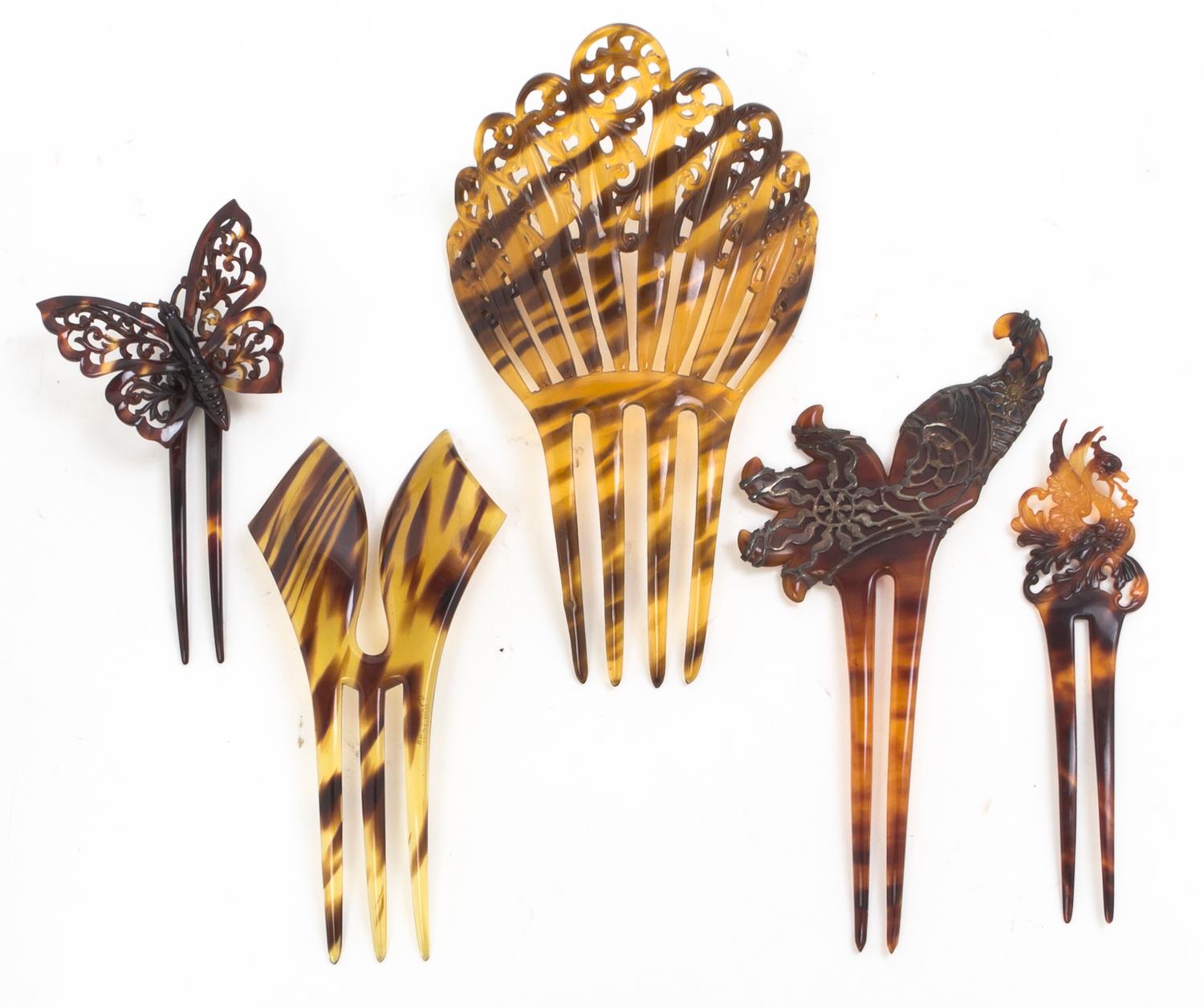 Five Tortoise Shell Hair Accessories Length of longest 6 1/4 inches.