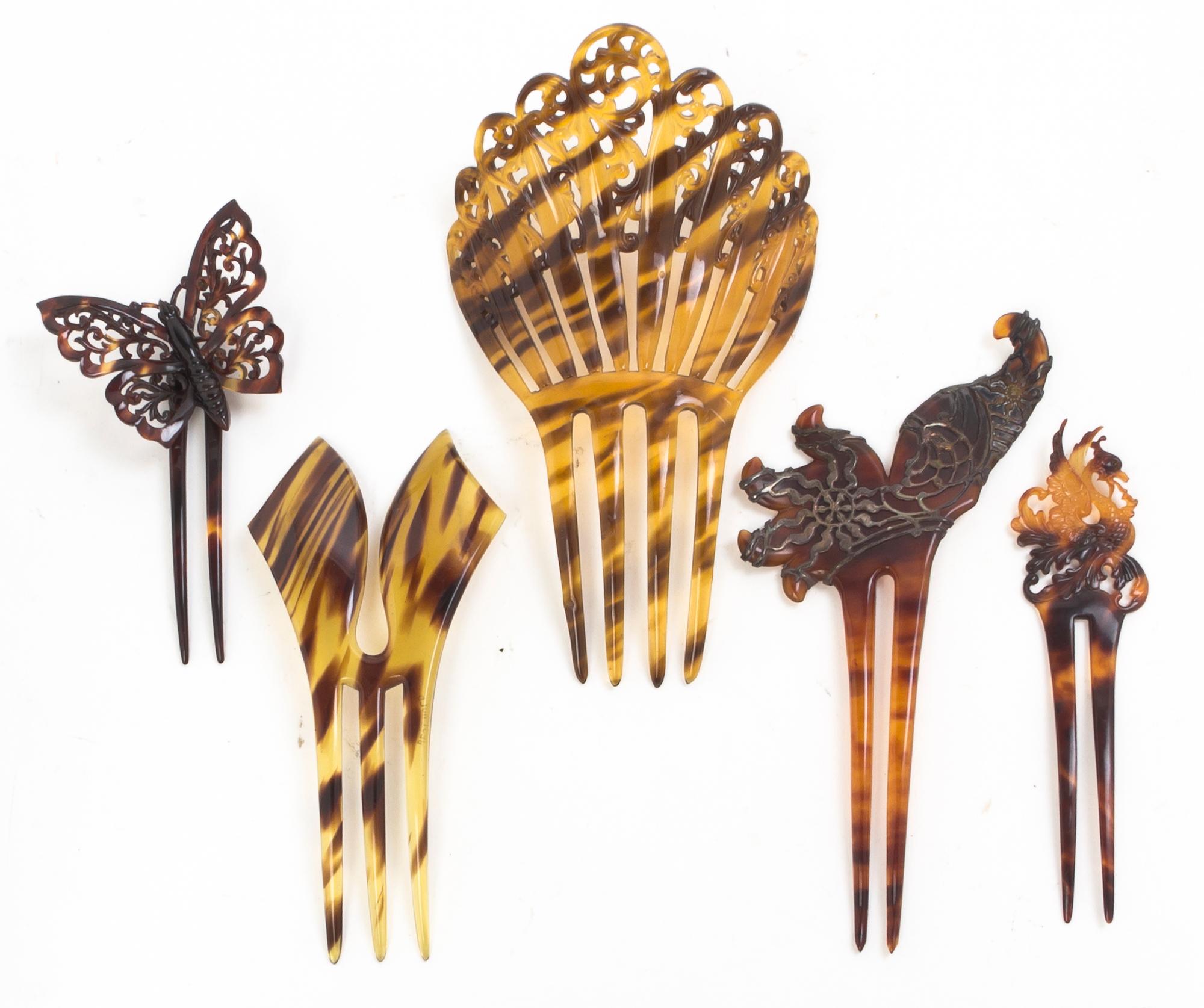 Five Tortoise Shell Hair Accessories Length of longest 6 1/4 inches.