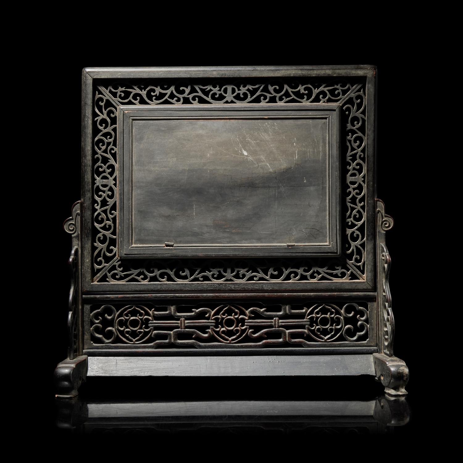A Chinese Famille Rose Porcelain Inset Hardwood Table Screen — 硬木嵌粉彩山水圖桌屏