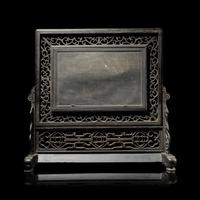 A Chinese Famille Rose Porcelain Inset Hardwood Table Screen — 硬木嵌粉彩山水圖桌屏