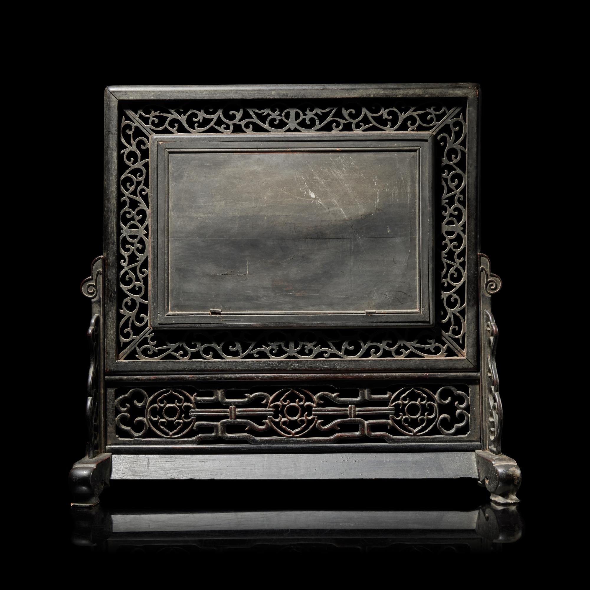 A Chinese Famille Rose Porcelain Inset Hardwood Table Screen — 硬木嵌粉彩山水圖桌屏