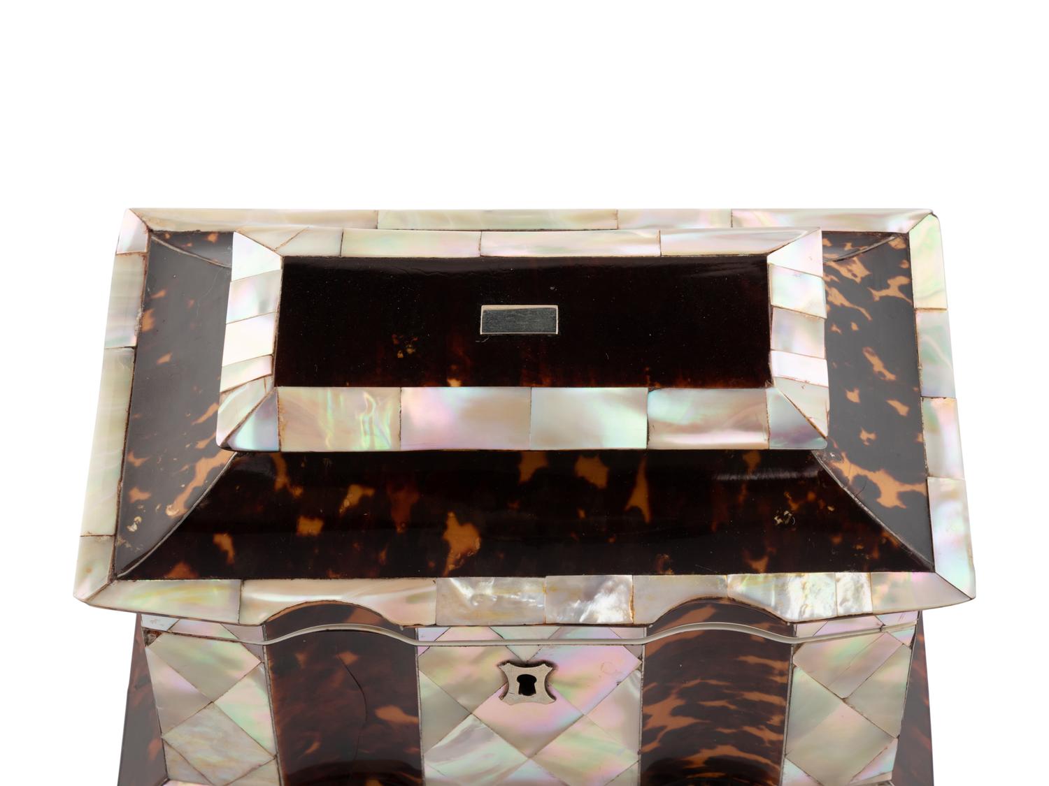 A Regency Tortoise Shell and Mother-of-Pearl Tea Caddy