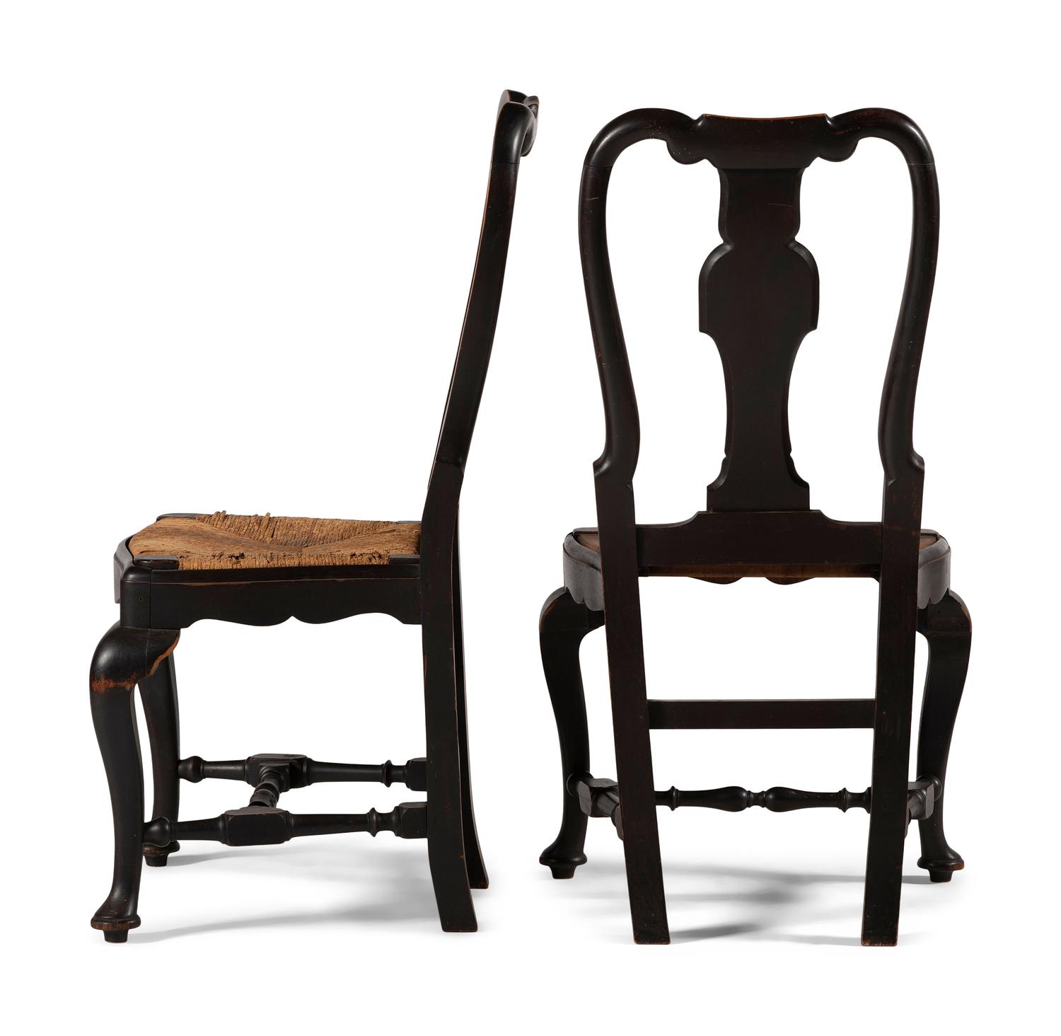 A Set of Ten Queen Anne Black-Painted Dining Chairs