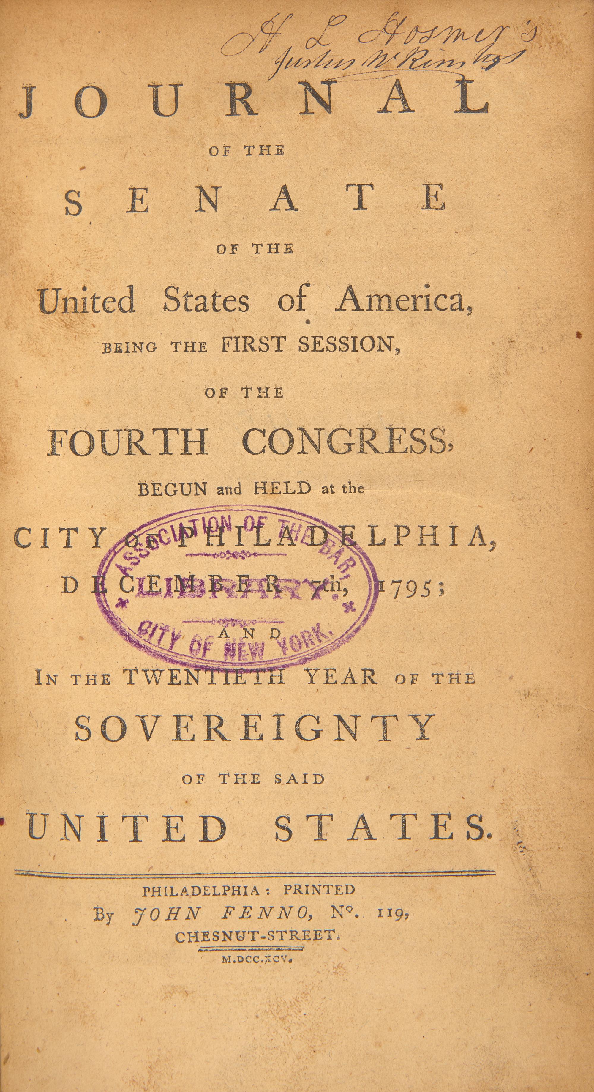 [American Law] Group of 3 Senate Journals, 1795-98, Owned by Two Early New York Politicians