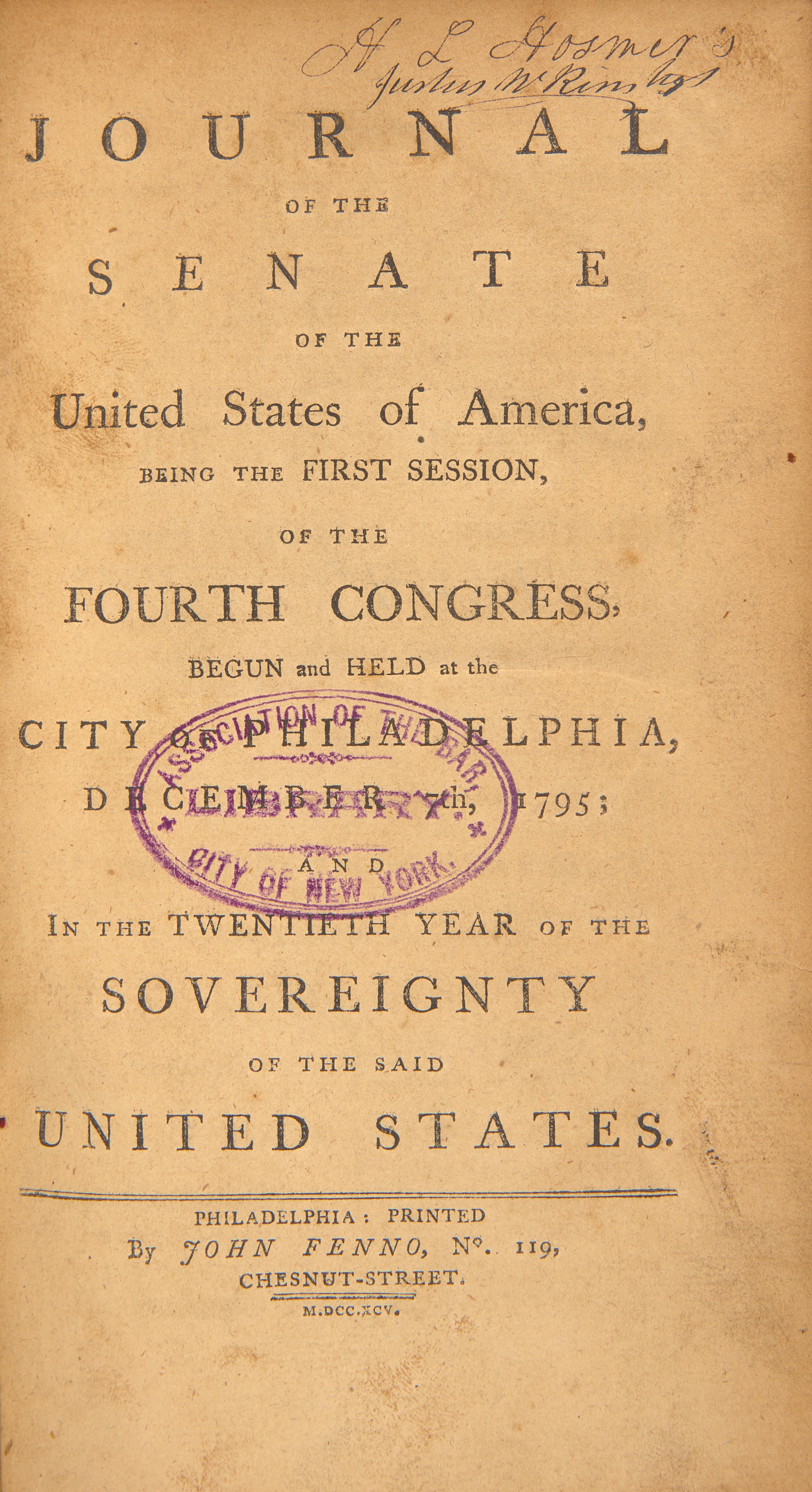 [American Law] Group of 3 Senate Journals, 1795-98, Owned by Two Early New York Politicians