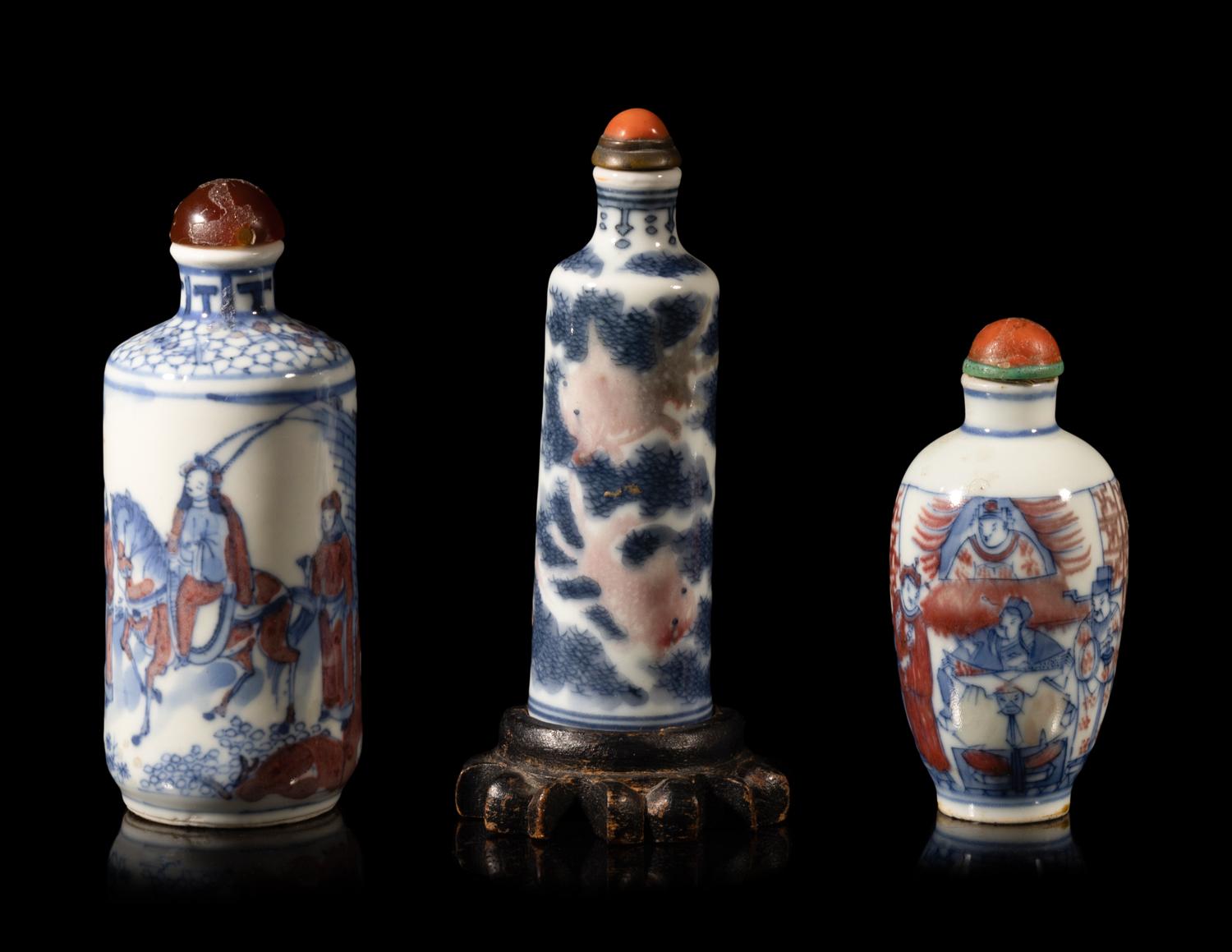 Three Chinese Copper Red and Underglaze Blue Porcelain Snuff Bottles
