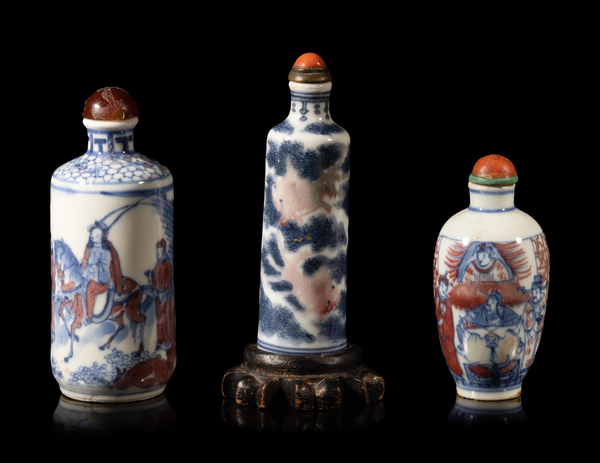 Three Chinese Copper Red and Underglaze Blue Porcelain Snuff Bottles