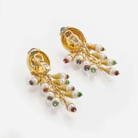 A Pair of 18K Yellow Gold, Pearl, and Gemstone Ear Clips by Roberto Legnazzi