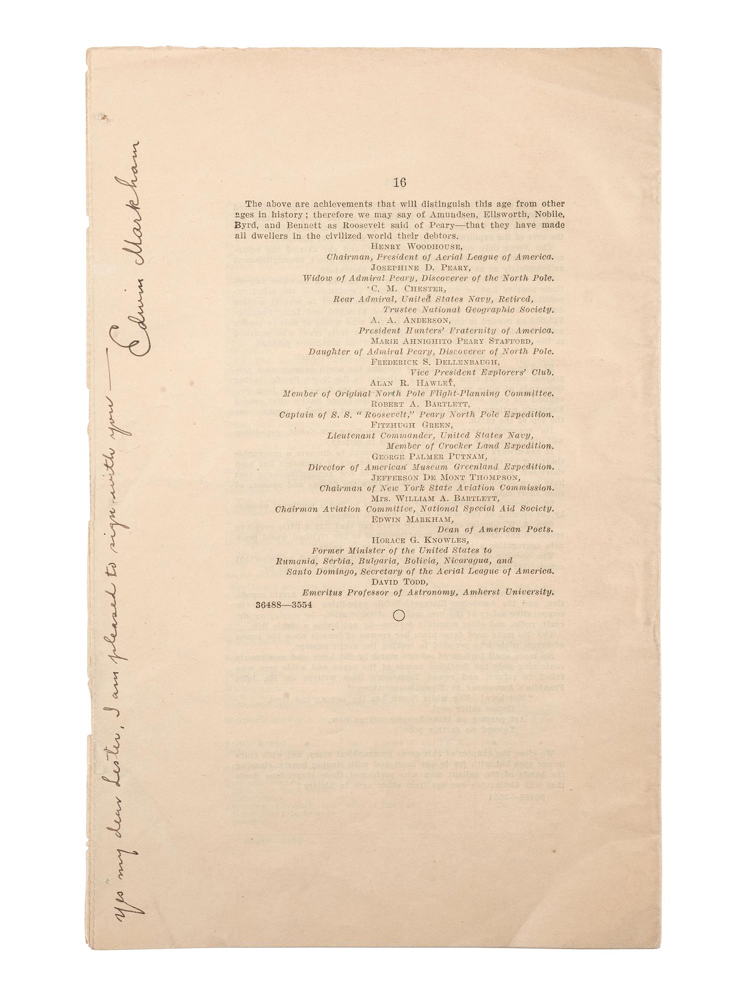 [EXPLORATION]. Speech signed by Commander Richard E. Byrd (1888-1957) and other polar explorers.