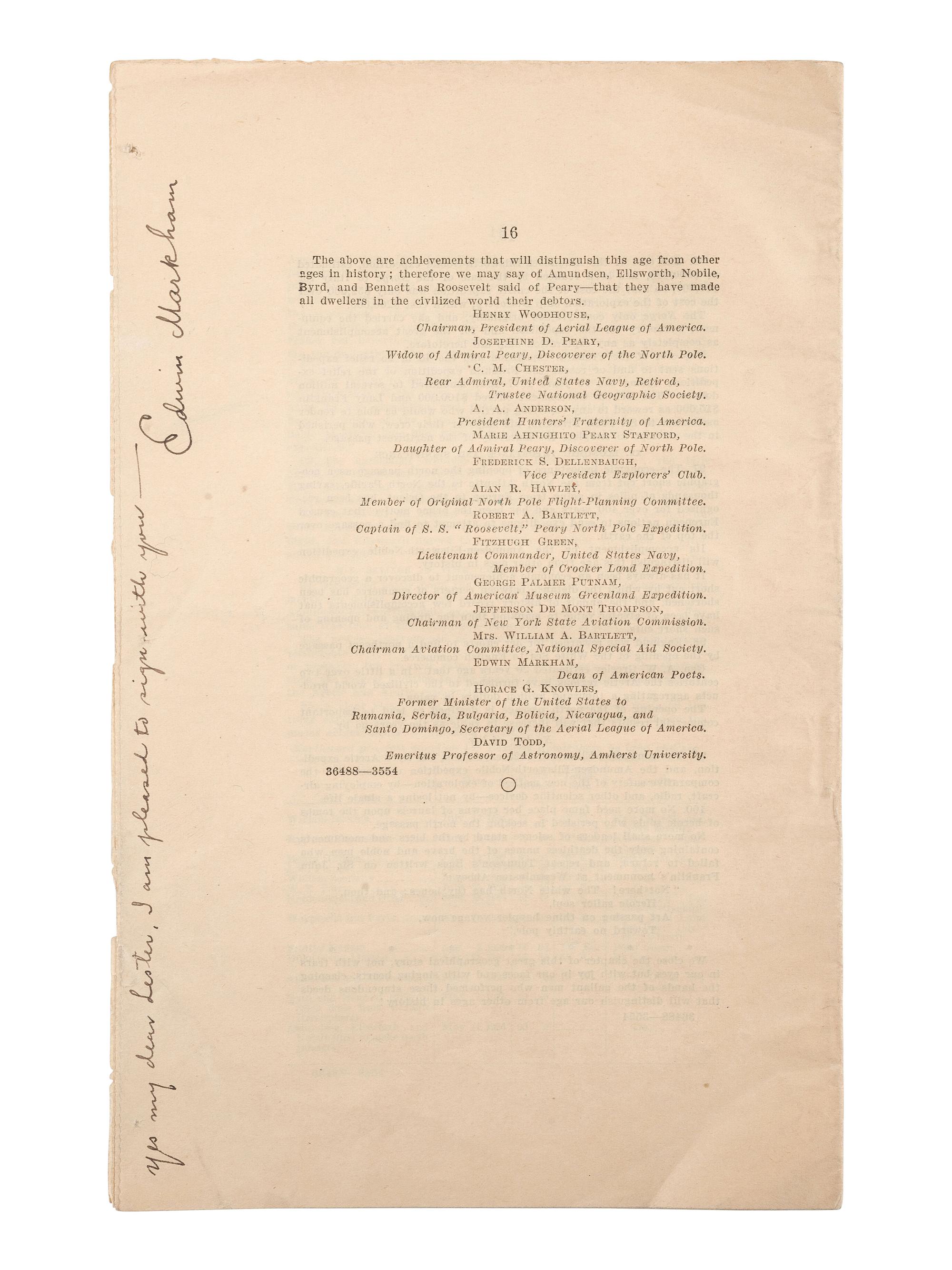 [EXPLORATION]. Speech signed by Commander Richard E. Byrd (1888-1957) and other polar explorers.