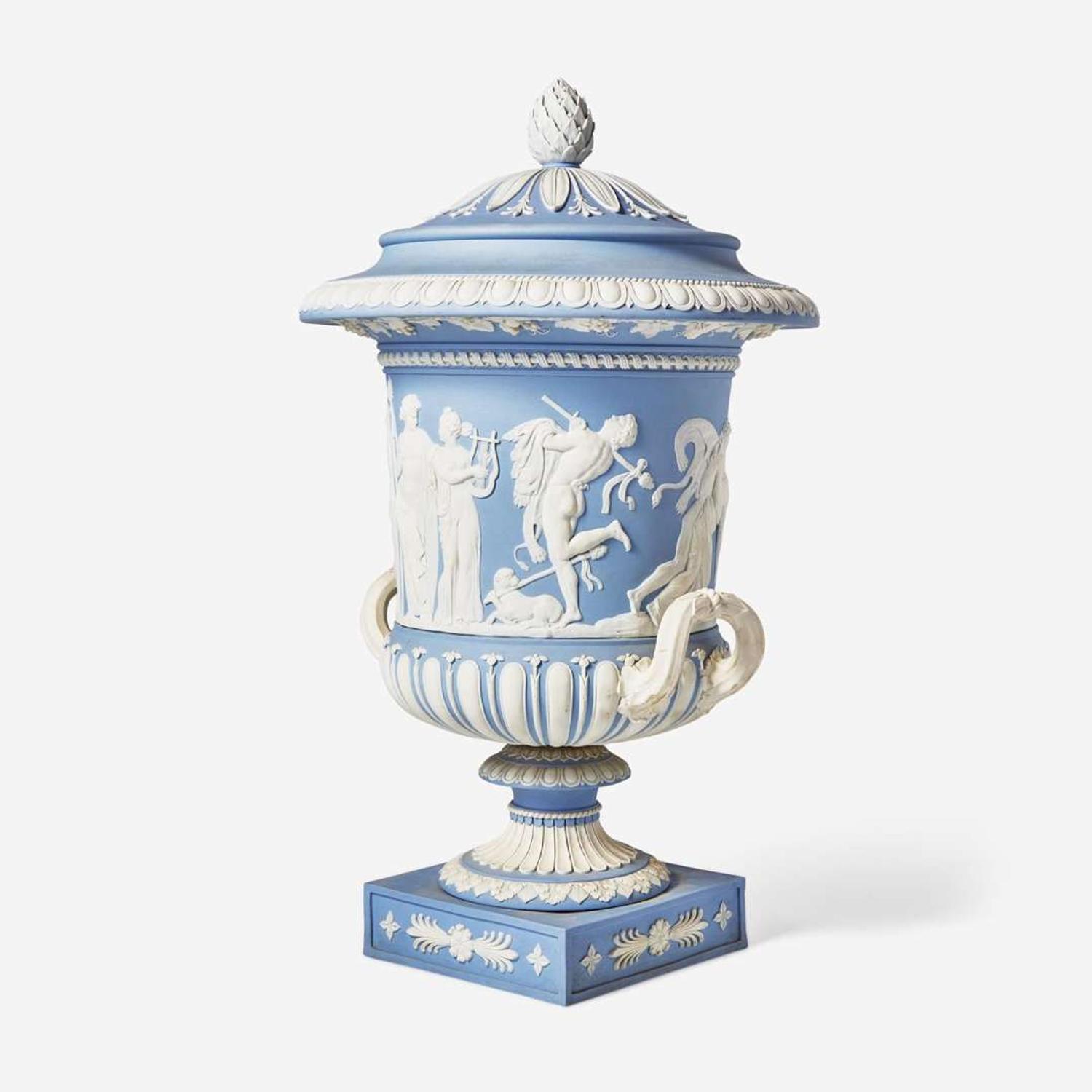 A Wedgwood Solid Light Blue Jasperware Borghese Vase and Cover UK, early 19th century