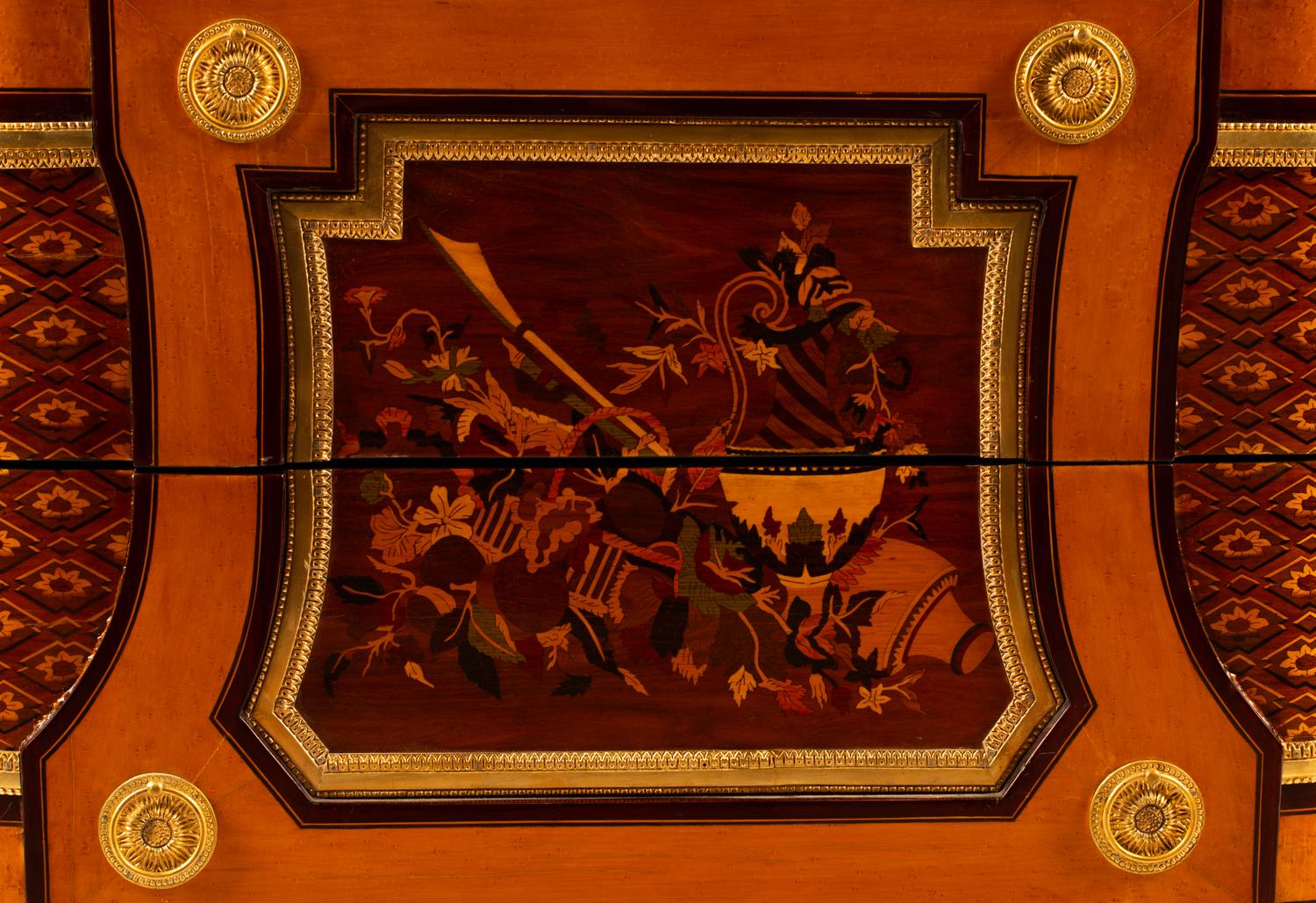 A Regence Style Marquetry Inlaid Gilt Bronze Mounted Marble Top Commode — 19TH CENTURY