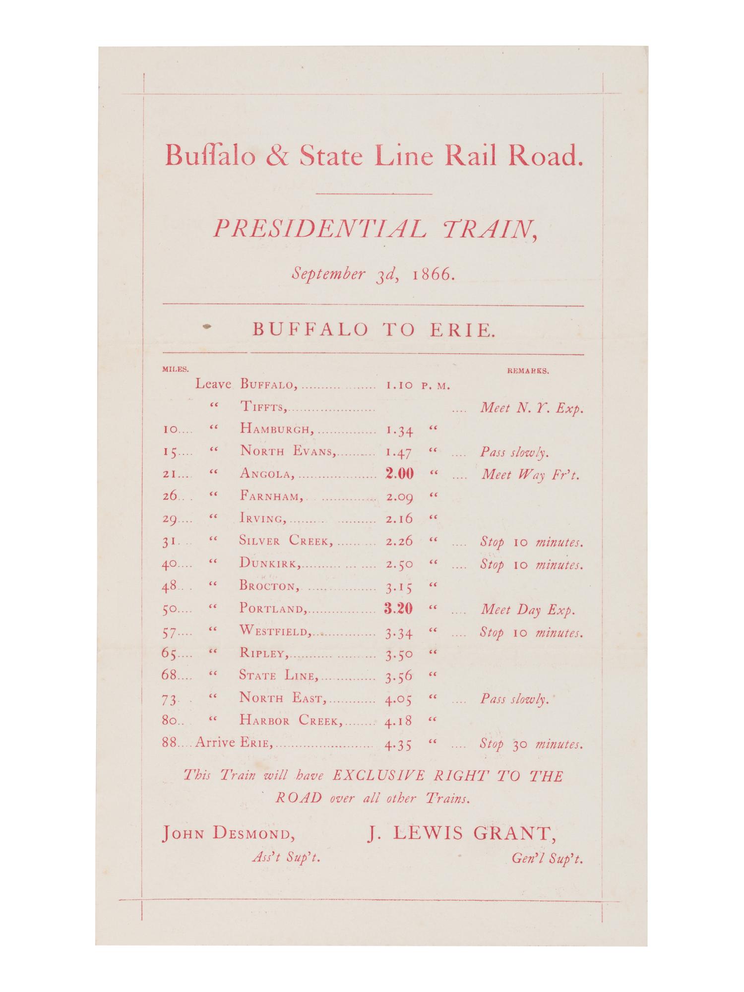 [JOHNSON, Andrew (1808-1875)]. Presidential Train schedule and pass, with the original envelope, for the "Swing Around the Circle" tour. N.p., n.p., 3 September 1866.