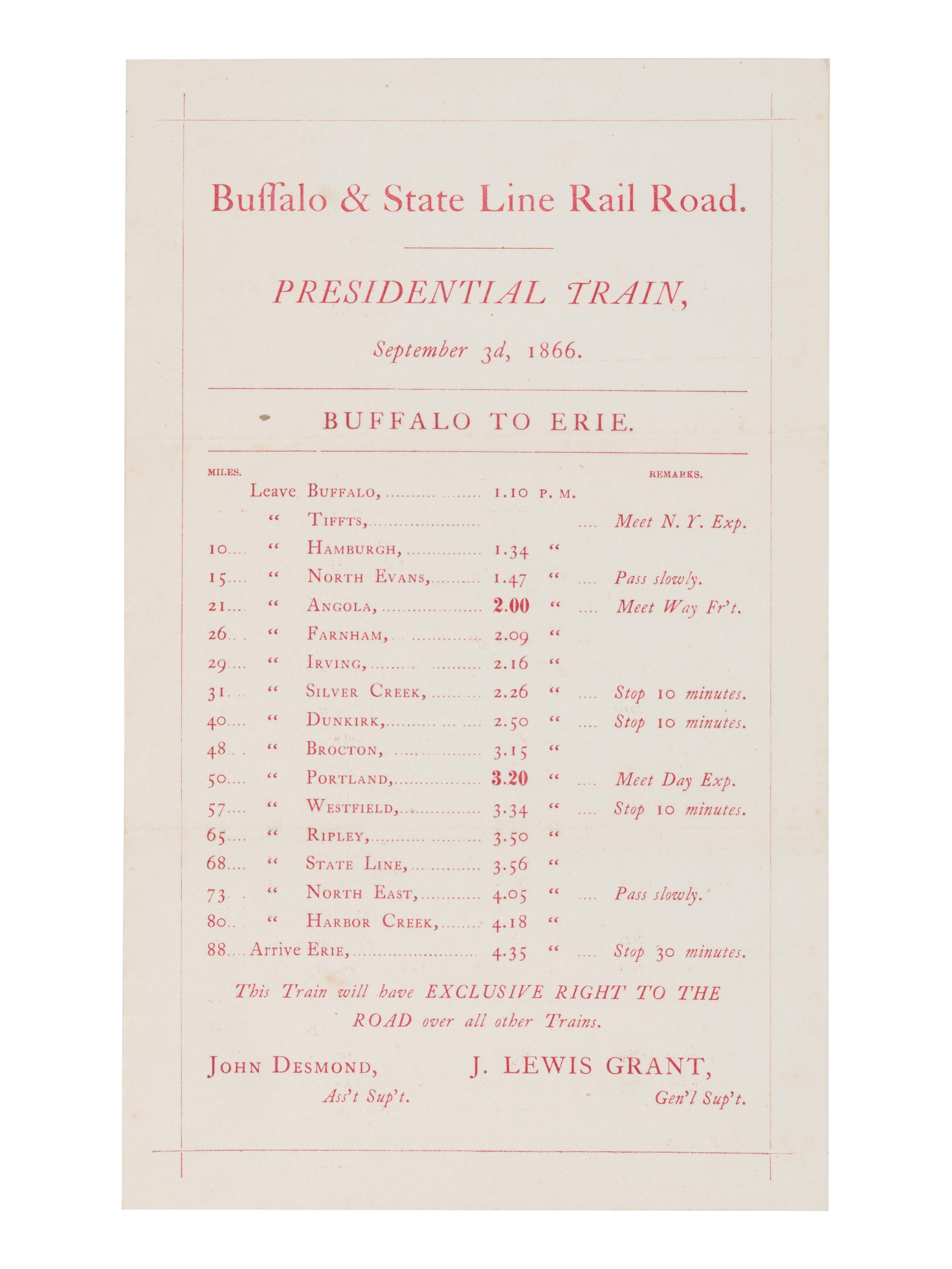 [JOHNSON, Andrew (1808-1875)]. Presidential Train schedule and pass, with the original envelope, for the "Swing Around the Circle" tour. N.p., n.p., 3 September 1866.