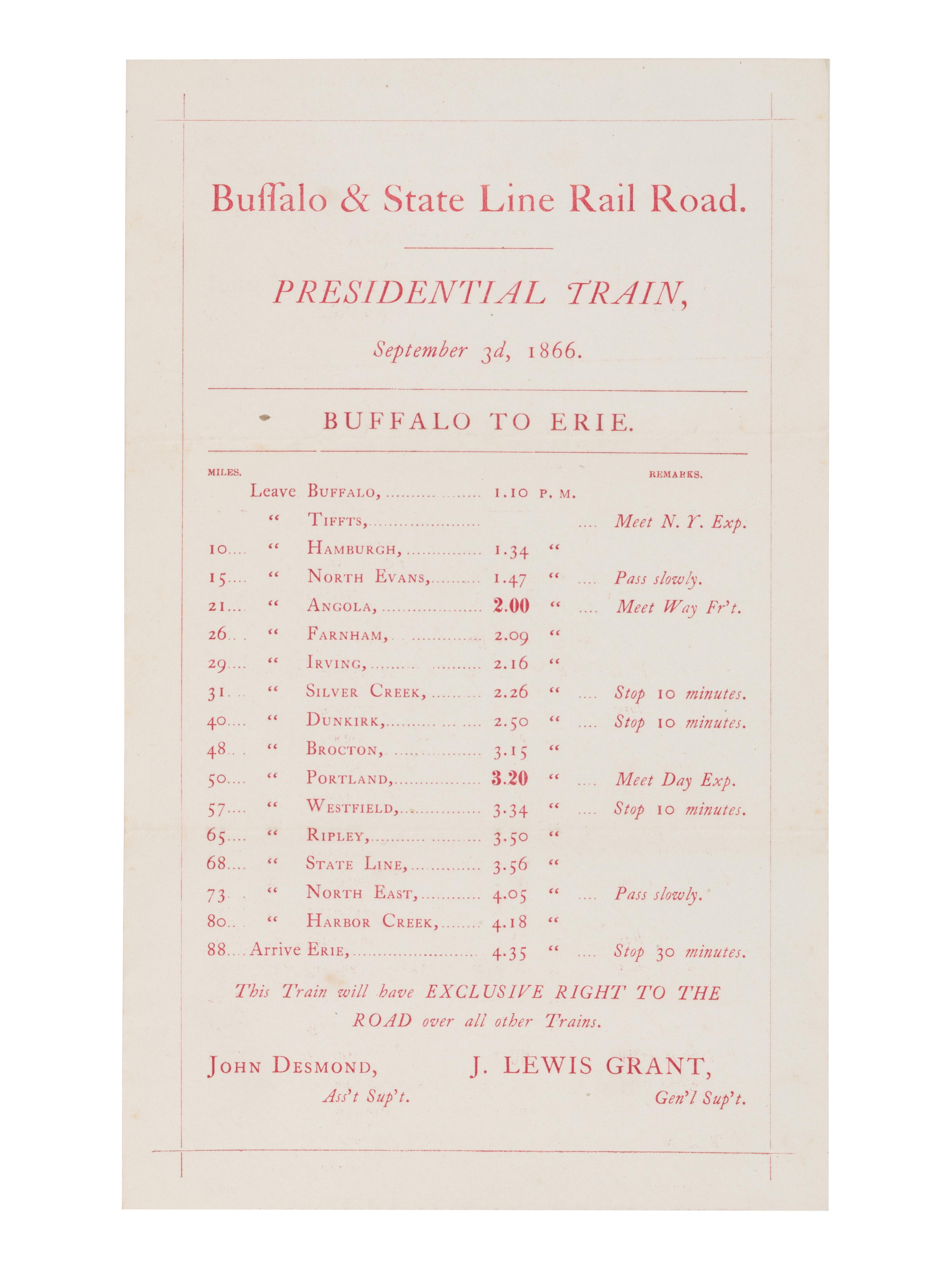 [JOHNSON, Andrew (1808-1875)]. Presidential Train schedule and pass, with the original envelope, for the "Swing Around the Circle" tour. N.p., n.p., 3 September 1866.
