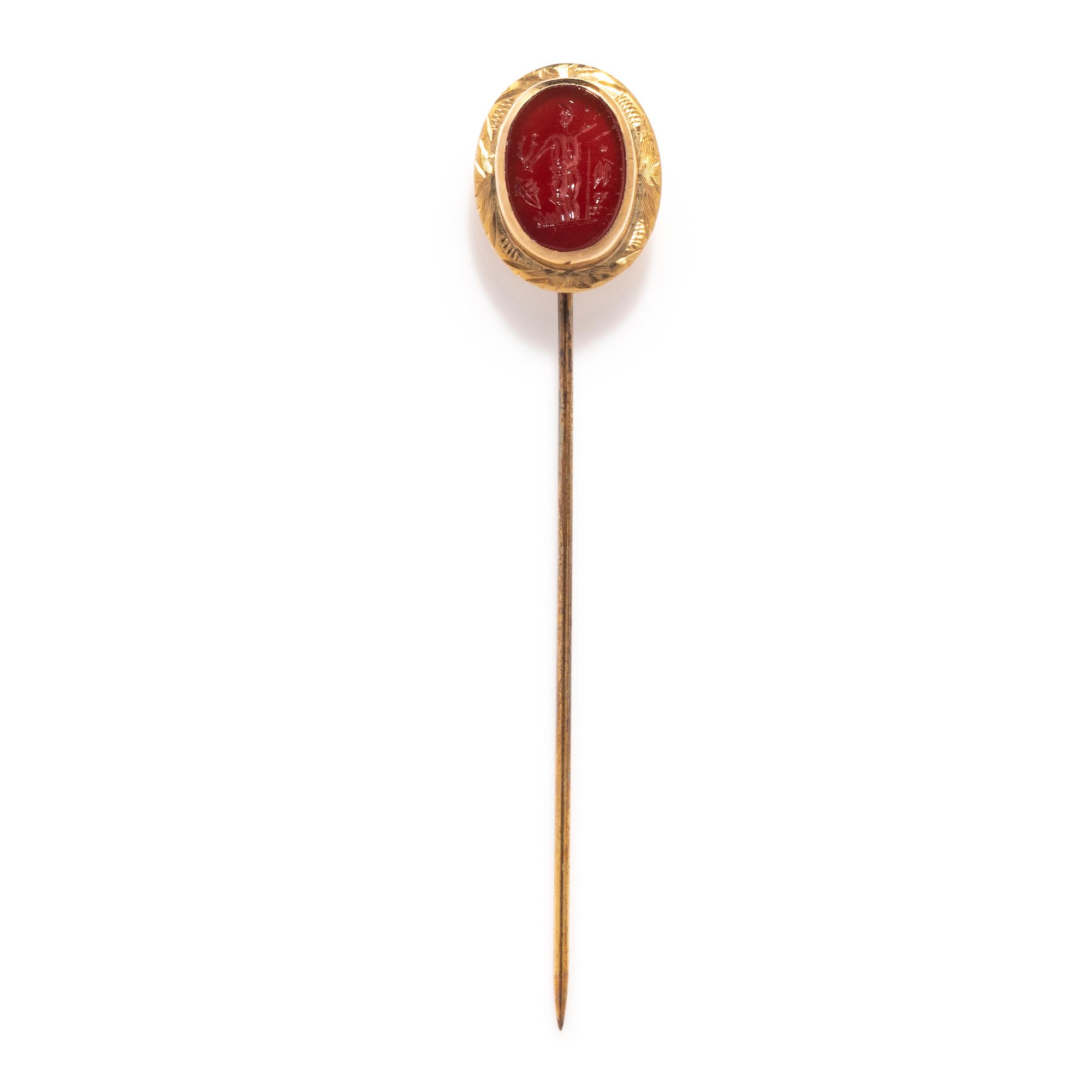 A Neoclassical Carnelian and Gold Stickpin with a Mythological Scene