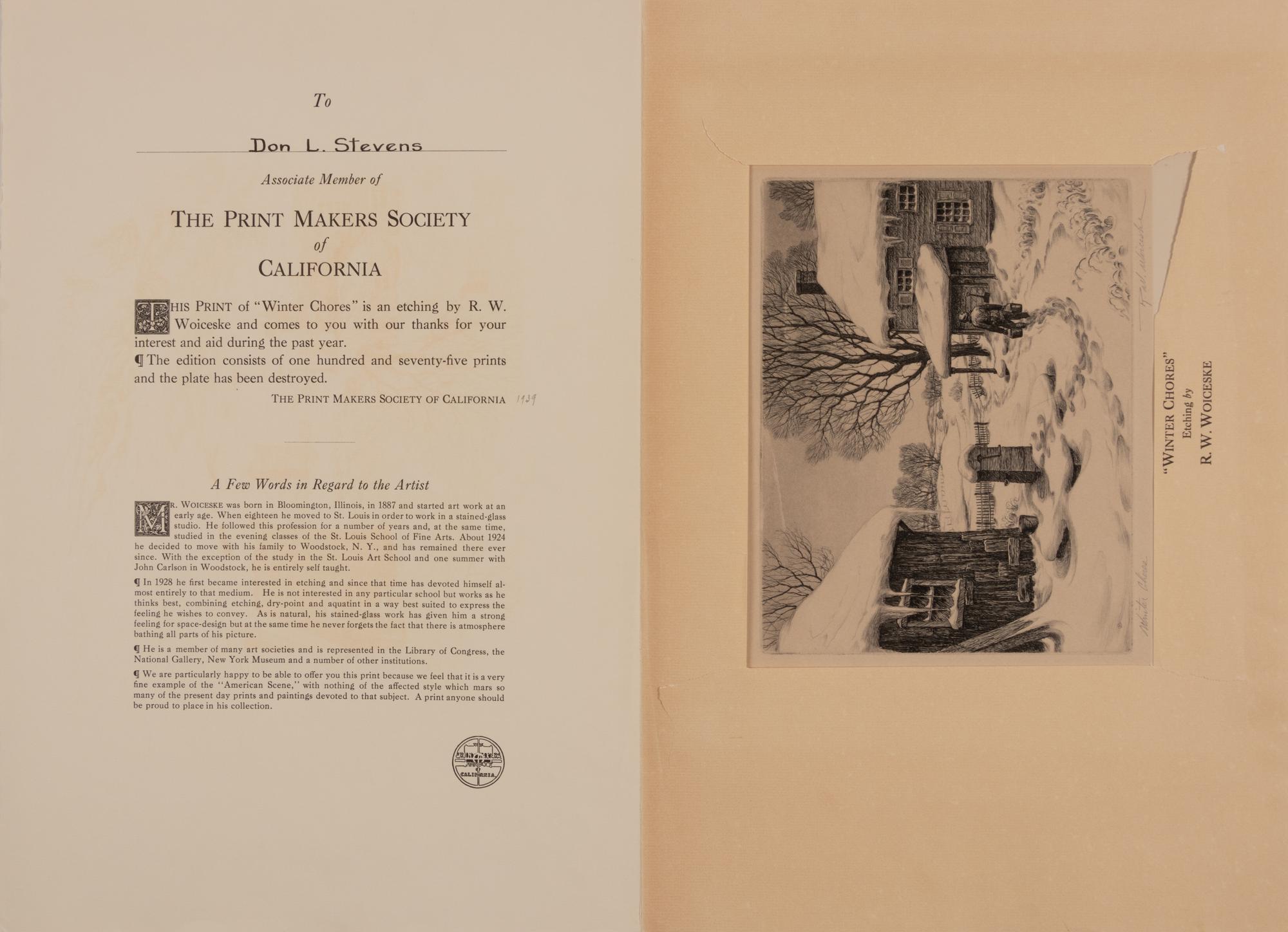 A group of four American prints (Ernest Fiene, New Snow ; Ernest Fiene, Rural Village ; Kyra Markham; Winter Twilight ; Ronau Woiceske, Winter Chores)
