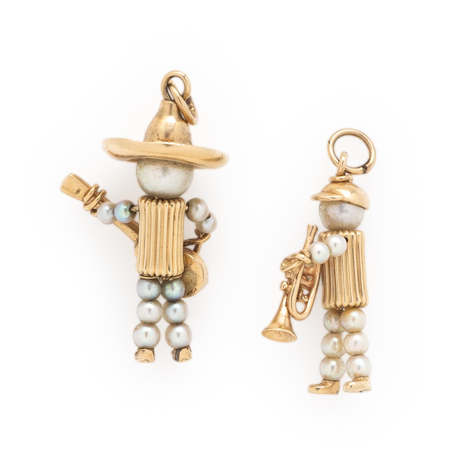 Two Seed Pearl and Yellow Gold Musician Charms