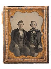 [CIVIL WAR]. Sixth plate ambrotype of CSA soldier John Adams, Jr., possibly from Company, B, 16th South Carolina Volunteers, holding a Confederate-made Spiller & Burr revolver, with civilian portrait.