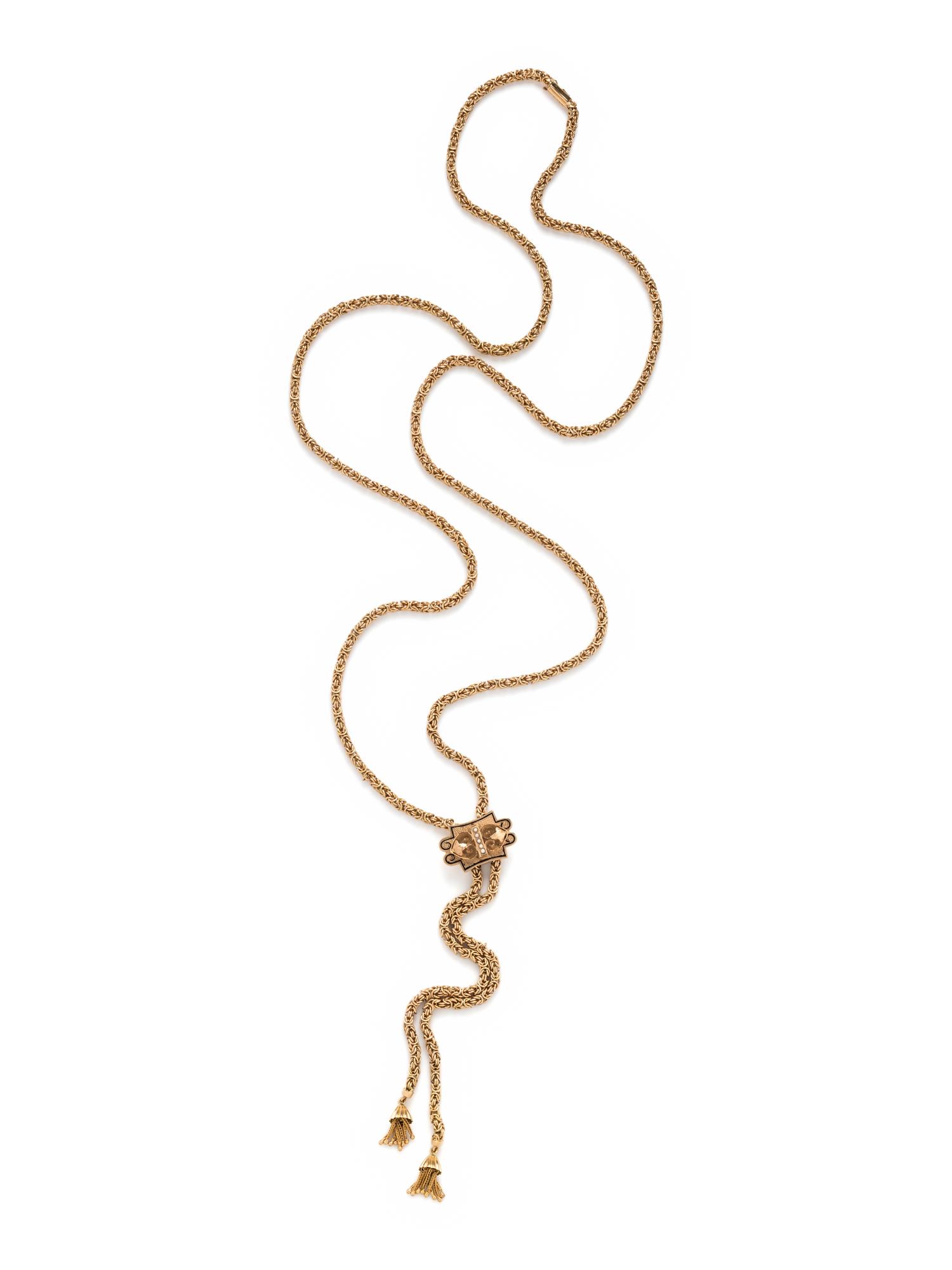 YELLOW GOLD, SEED PEARL AND ENAMEL SLIDE NECKLACE