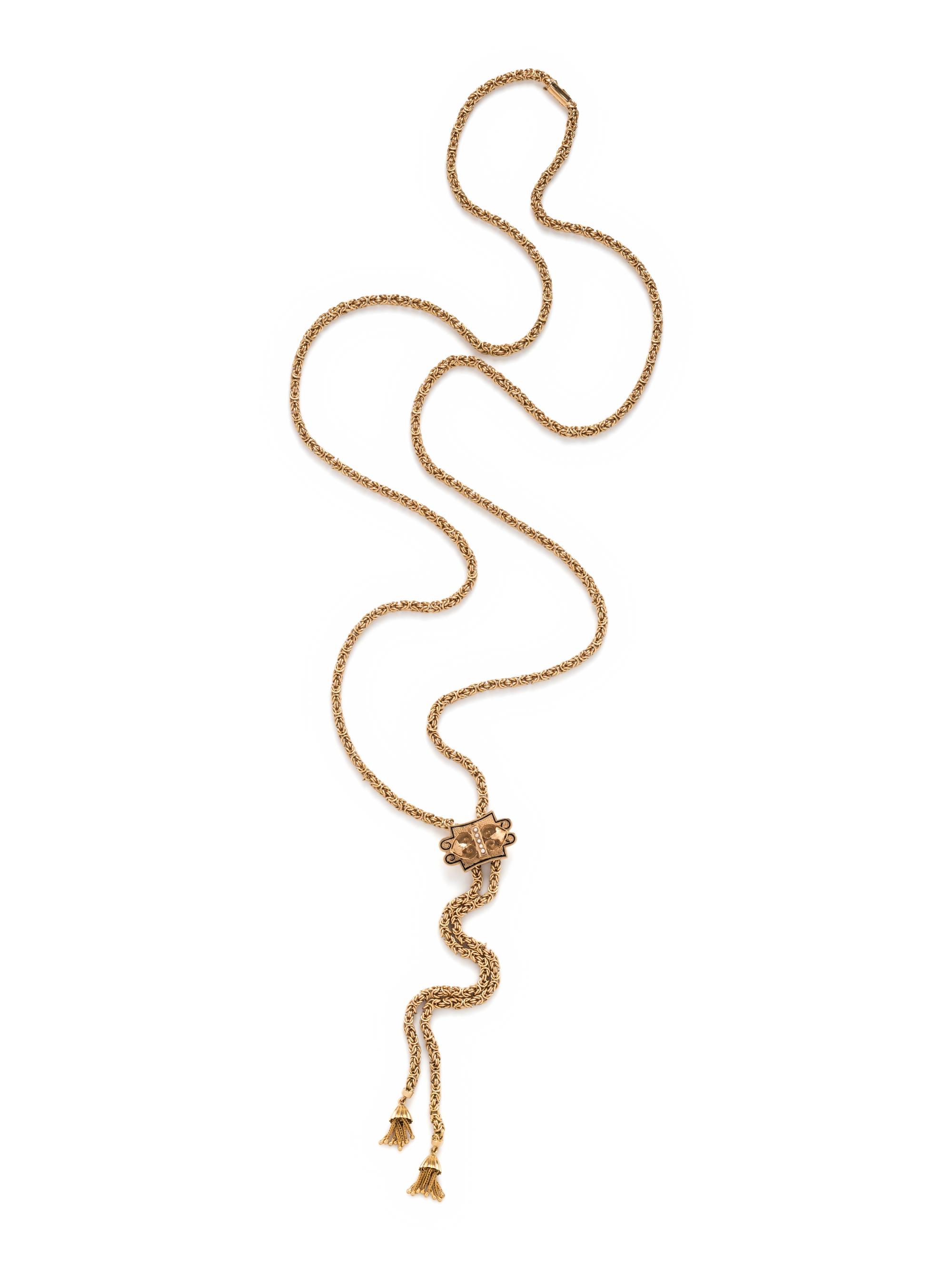 YELLOW GOLD, SEED PEARL AND ENAMEL SLIDE NECKLACE