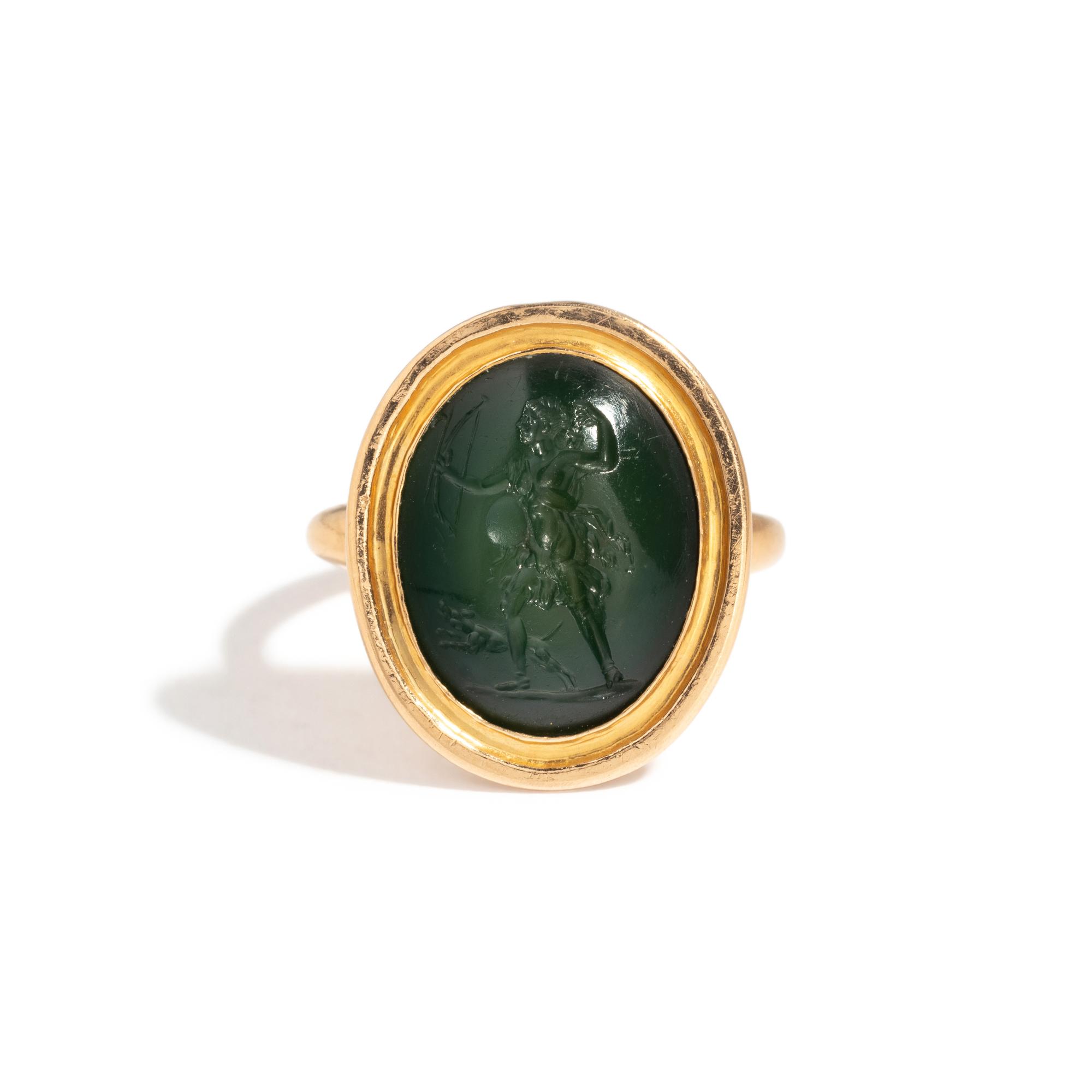 A Roman Plasma Ring Stone with the Goddess Diana and Her Hound Hunting — Set in a gold ring
