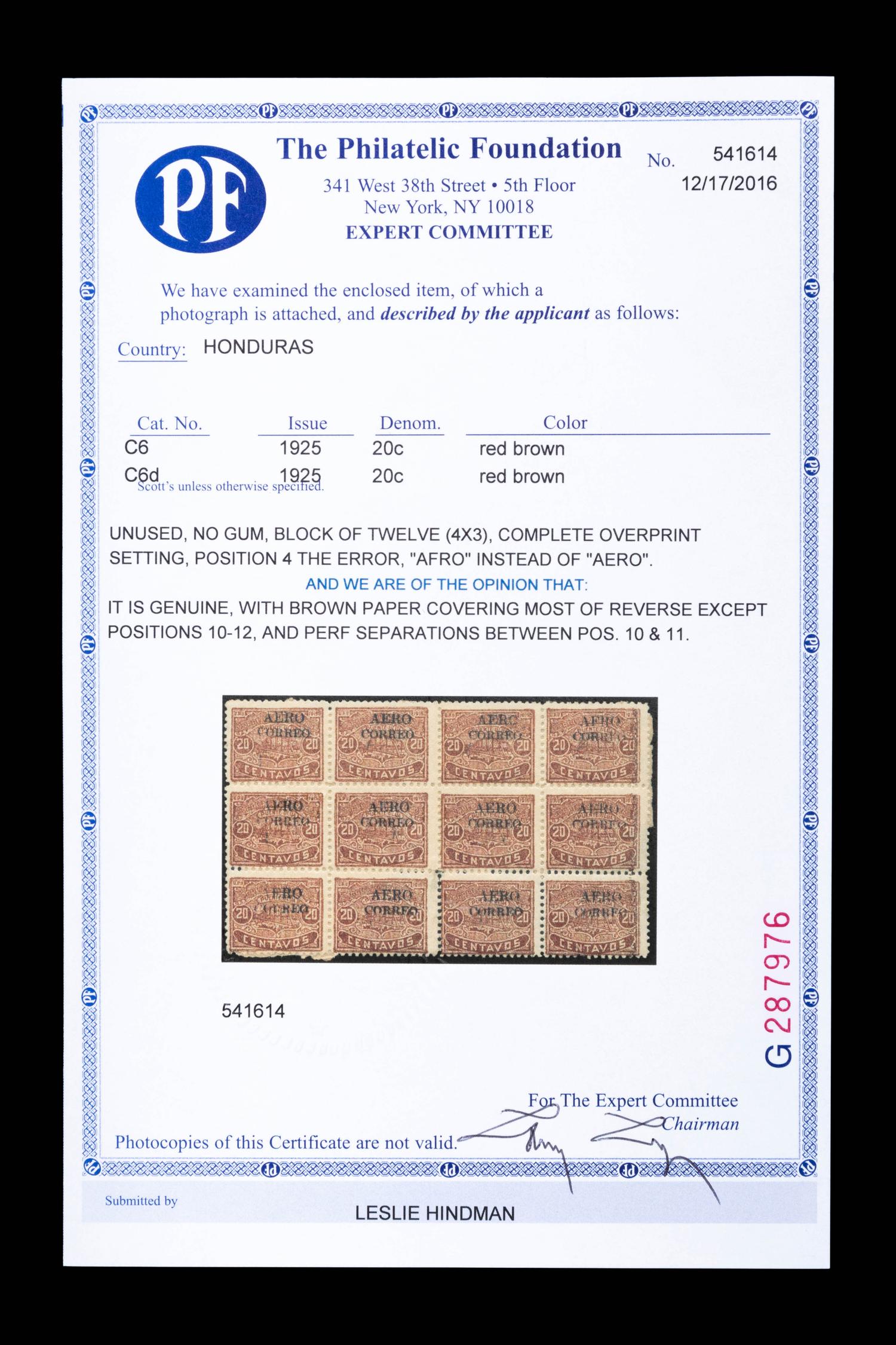 {PHILATELY} [SURCHARGE ERROR] HONDURAS. Airmail. 1925. 20c. Red-Brown with Black Surcharge (#C6 & C6d), Block of Twelve, The Error on Position 4 of Block with Surcharge Reading 'AFRO' Instead of 'AERO',