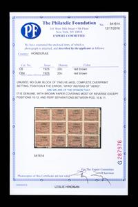 {PHILATELY} [SURCHARGE ERROR] HONDURAS. Airmail. 1925. 20c. Red-Brown with Black Surcharge (#C6 & C6d), Block of Twelve, The Error on Position 4 of Block with Surcharge Reading 'AFRO' Instead of 'AERO',