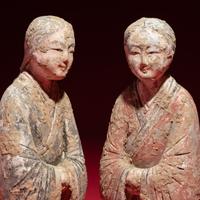 A Pair of Chinese Painted Pottery Kneeling Ladies, Western Han Dynasty — 西漢 陶彩繪跽坐女樂俑一對
