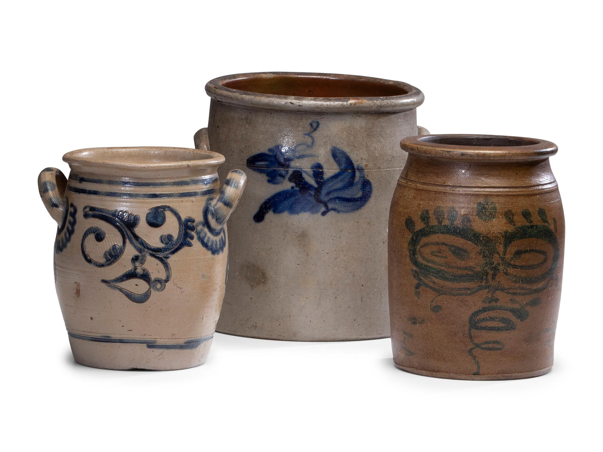 Three Cobalt Decorated Stoneware Vessels